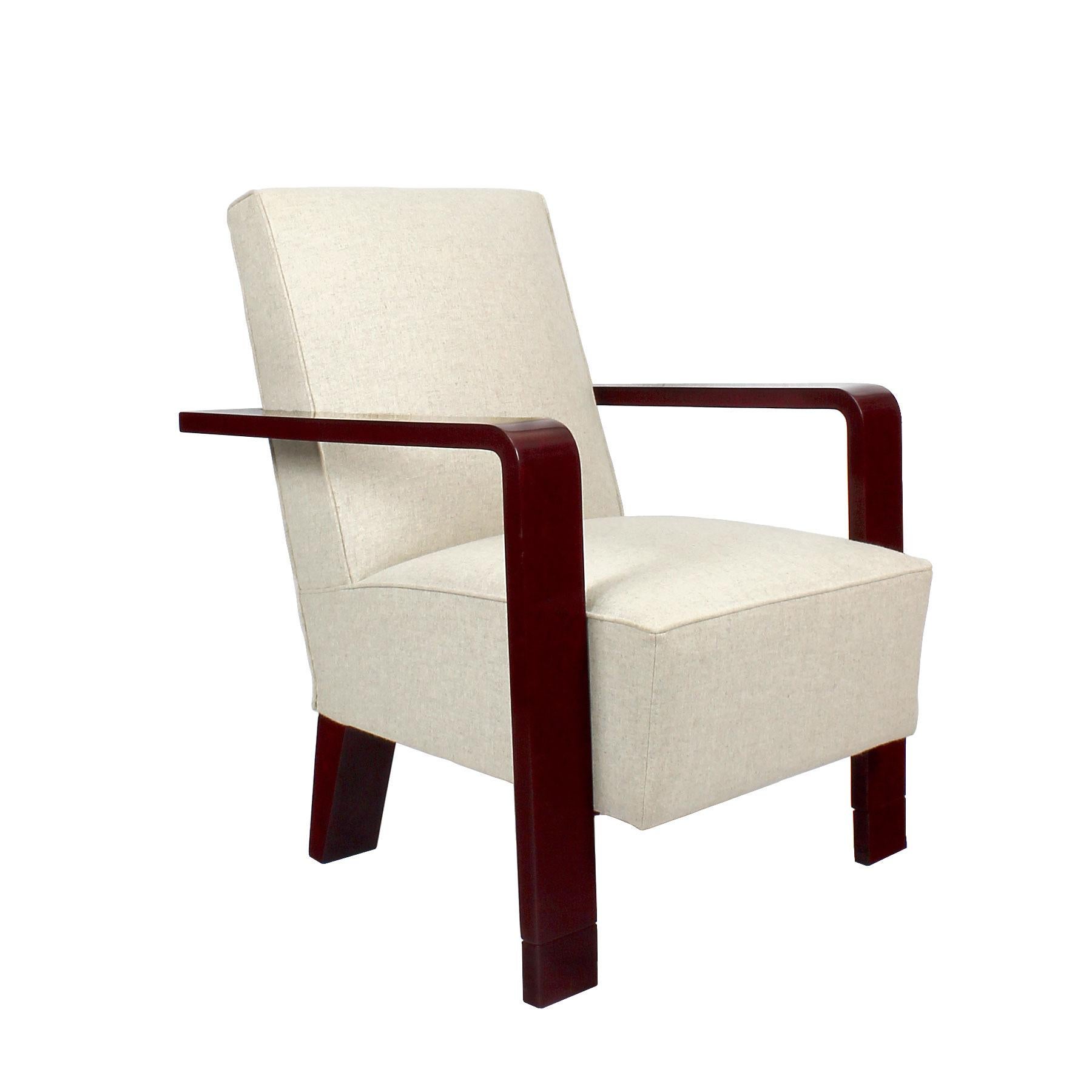 Belgian 1930s Art Deco Armchair, Lacquered Beech, Off-White Wool - Belgium For Sale