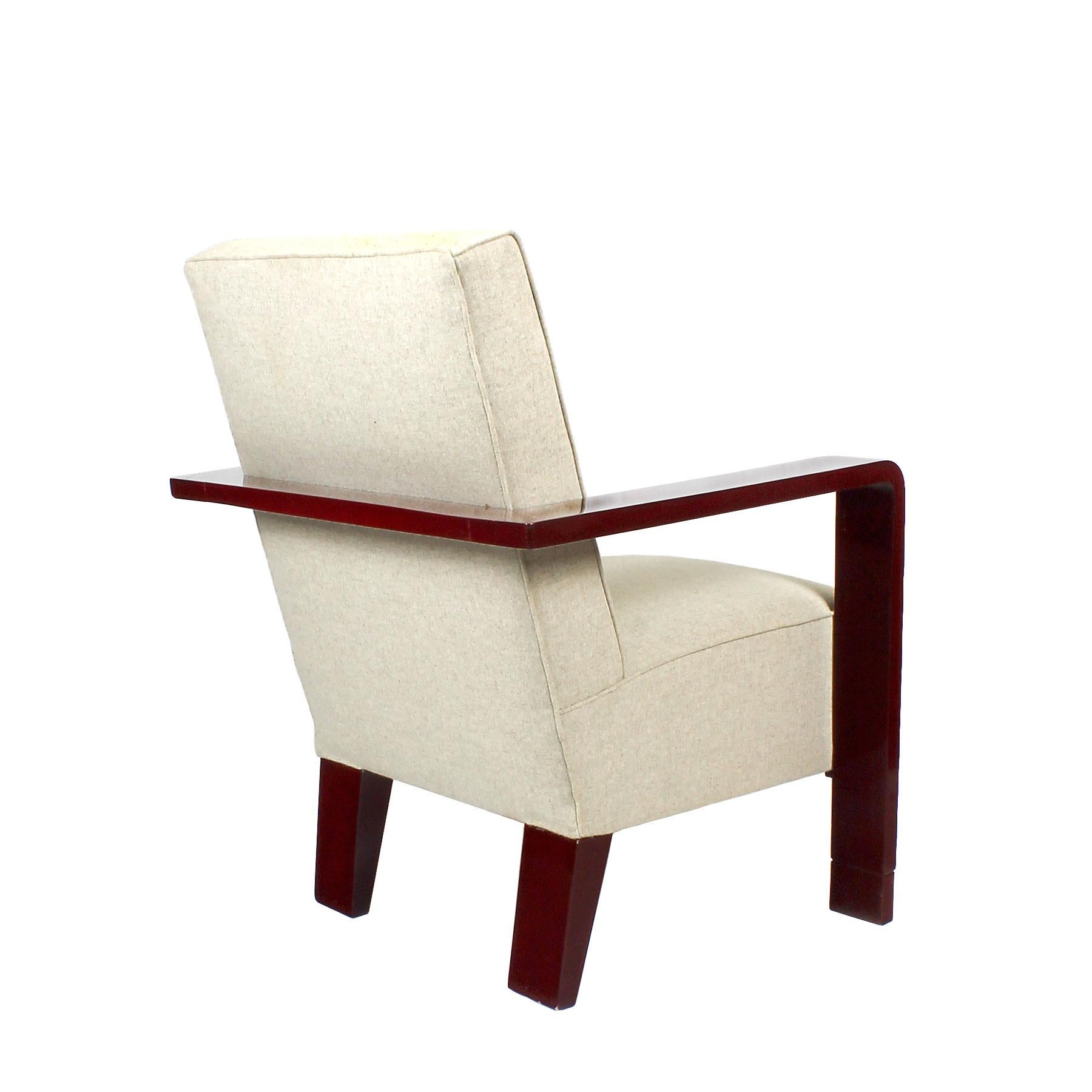 Mid-20th Century 1930s Art Deco Armchair, Lacquered Beech, Off-White Wool - Belgium For Sale