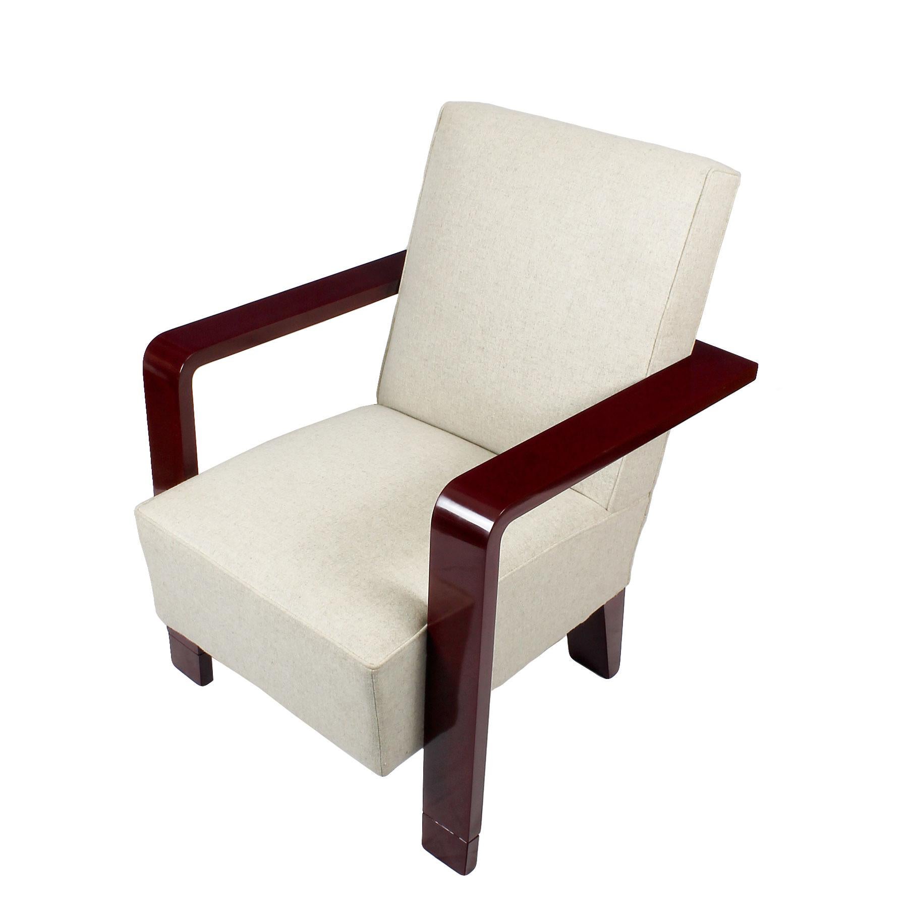 1930s Art Deco Armchair, Lacquered Beech, Off-White Wool - Belgium For Sale 1