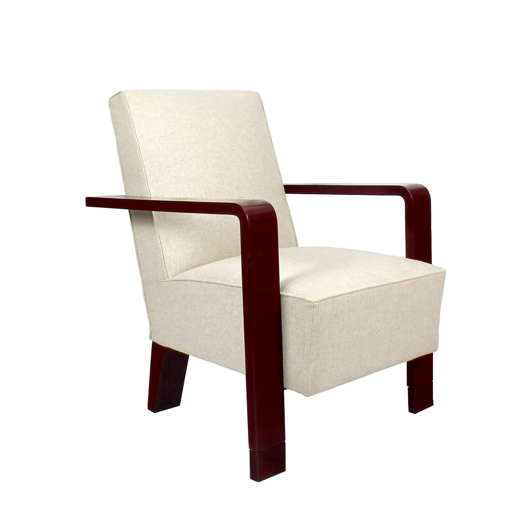 1930s Art Deco Armchair, Lacquered Beech, Off-White Wool - Belgium For Sale