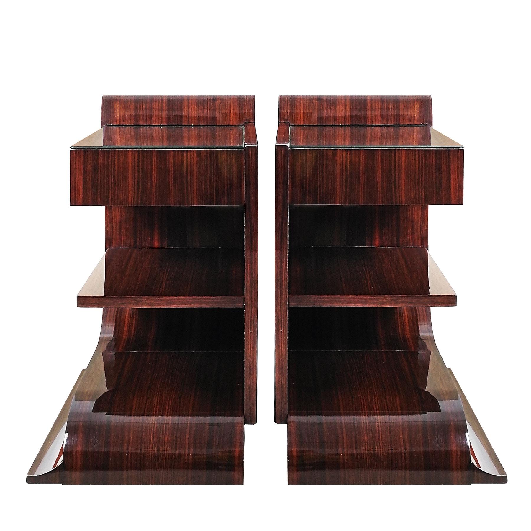 1930s Art Deco Asymmetrical and Rounded Nightstands, Mahogany, Glass, France In Good Condition In Girona, ES
