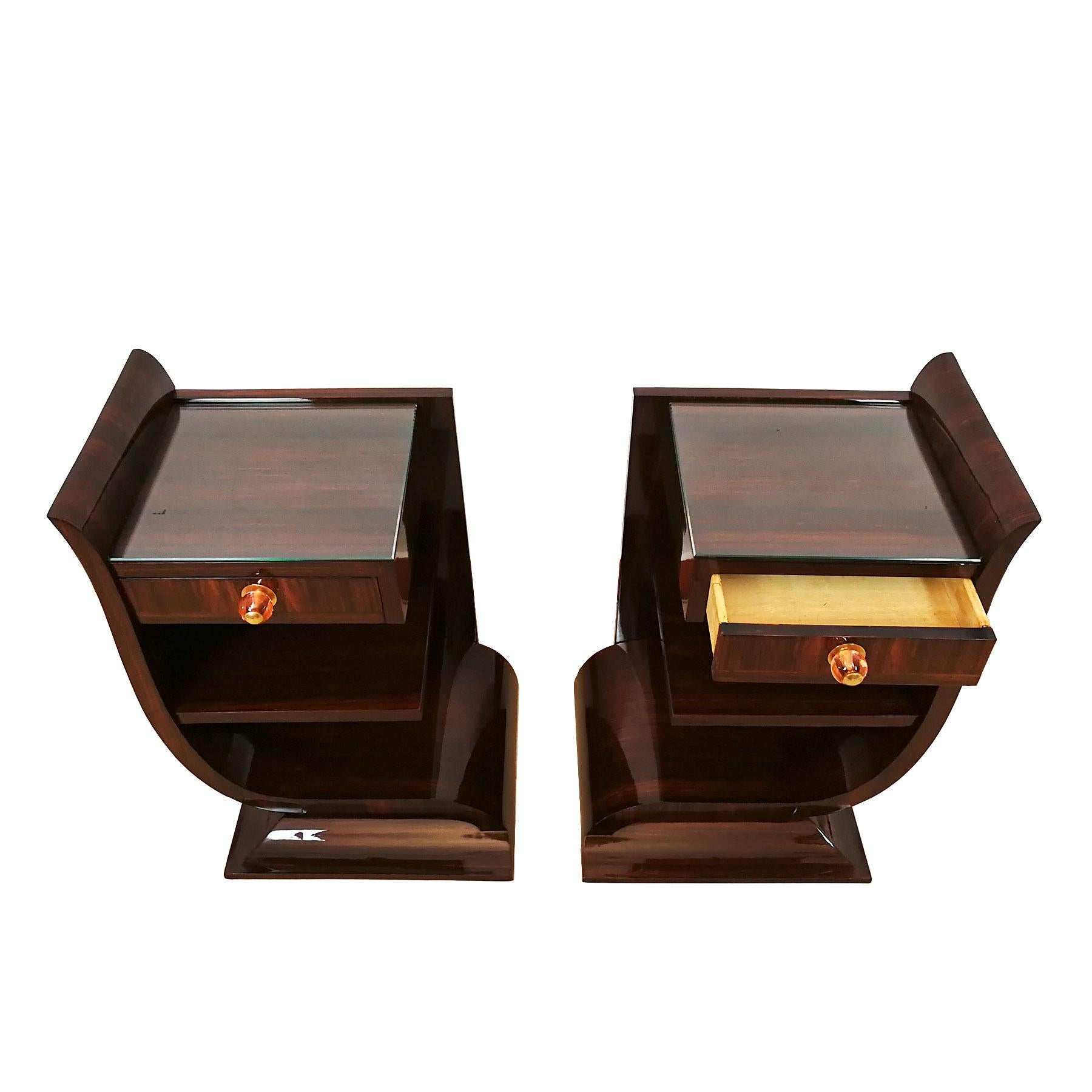1930s Art Deco Asymmetrical and Rounded Nightstands, Mahogany, Glass, France 1