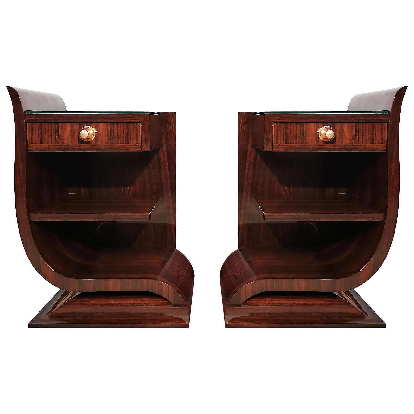 1930s Art Deco Asymmetrical and Rounded Nightstands, Mahogany, Glass, France