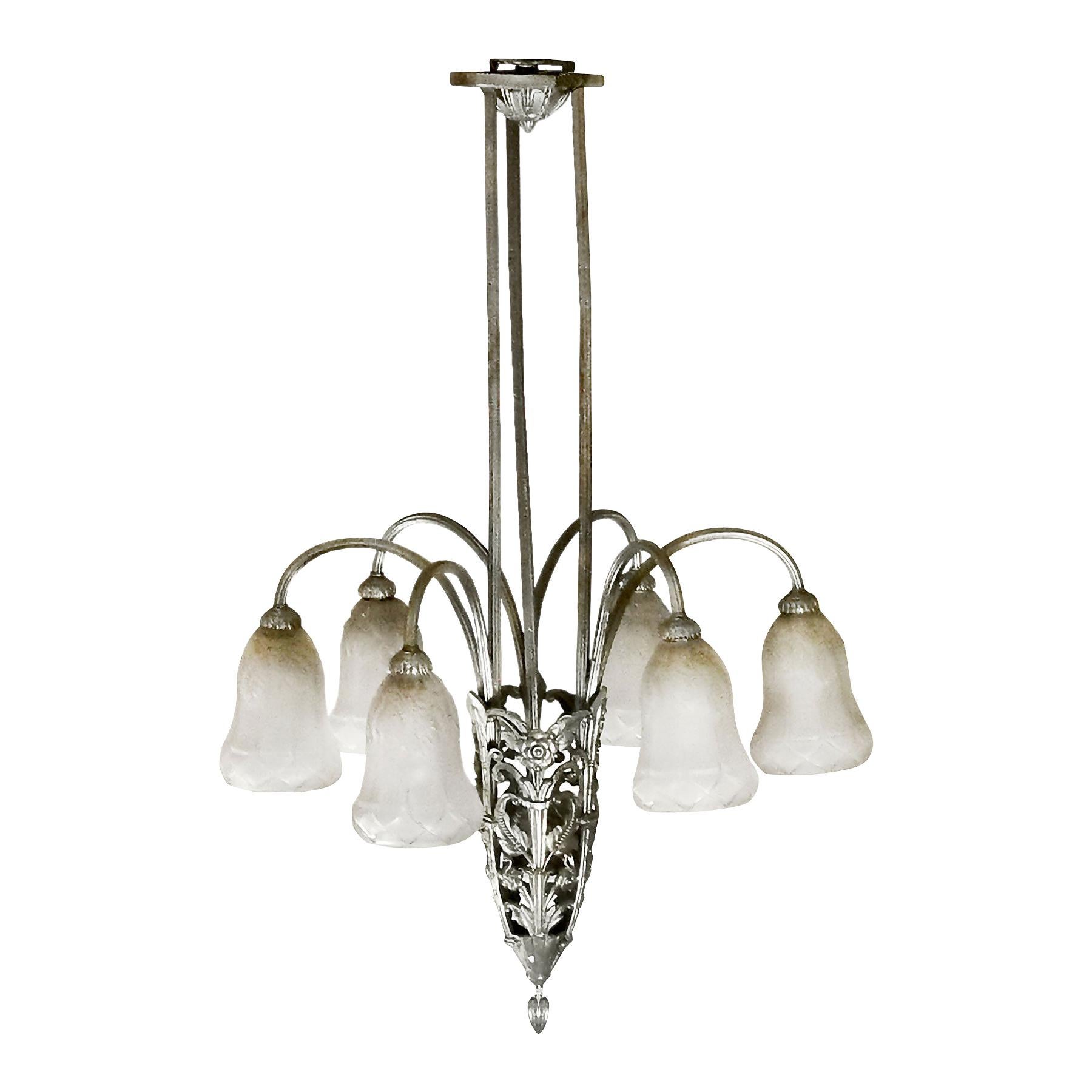 1930s Art Deco Chandelier, Six Branches, Silvered Bronze, Glass - France