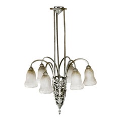 1930s Art Deco Chandelier, Six Branches, Silvered Bronze, Glass, France