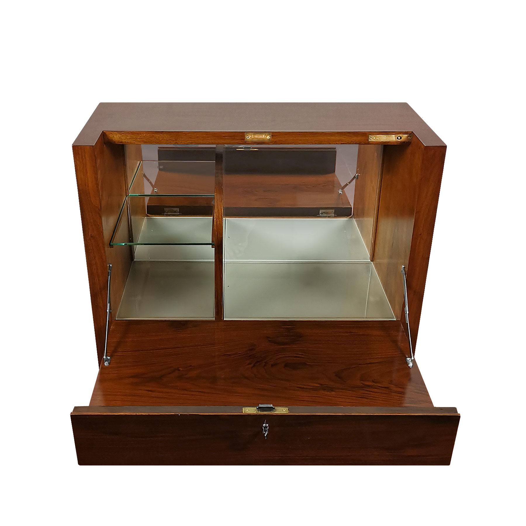 1930s Art Deco Cubist Dry Bar, Walnut Veneer, Frosted Glass, Brass - Spain For Sale 2