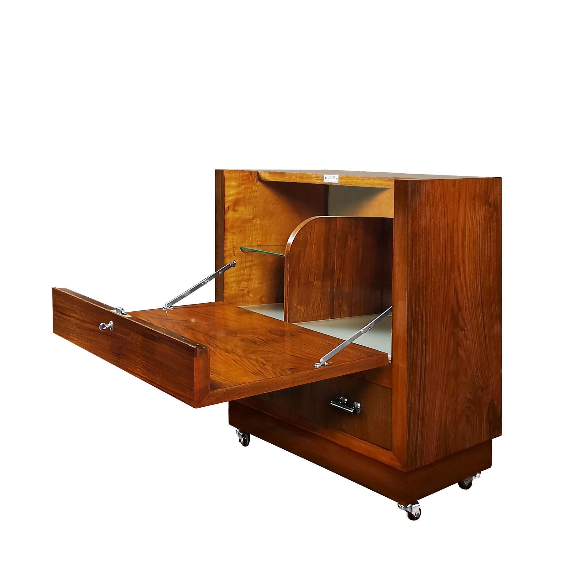 1930s Art Deco Cubist Dry Bar, Walnut Veneer, Frosted Glass, Brass - Spain For Sale 3