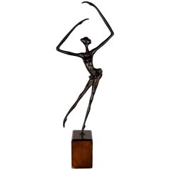 Ballerina Art Deco anni '30 in bronzo con base in mogano - Spagna