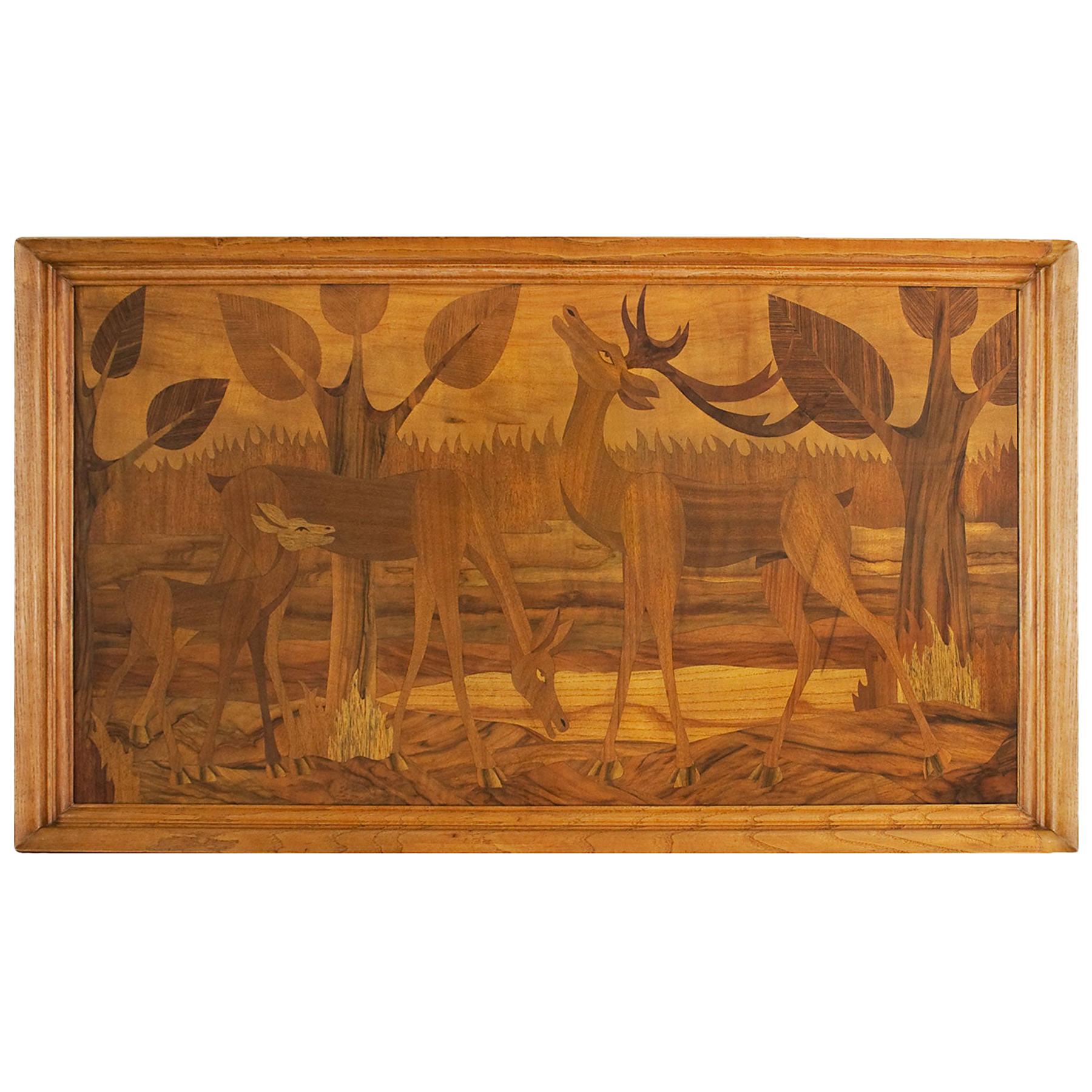 Panneau décoratif Art Déco des années 1930 en marqueterie de bois et cadre en frêne - Italie