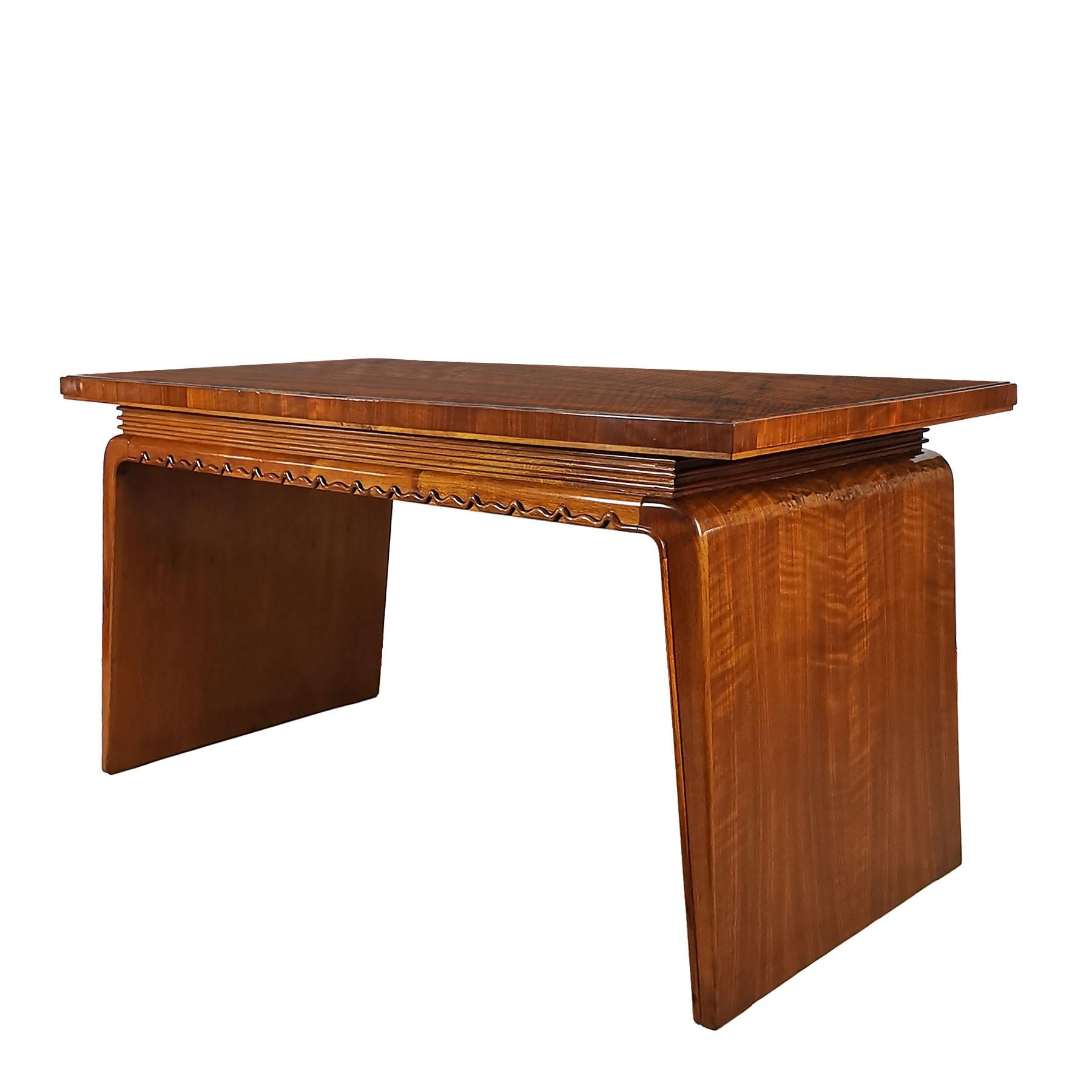 1930s Art Deco Flat Desk, One-Drawer, Beech, Walnut, Japanese Inspired, Italy 1