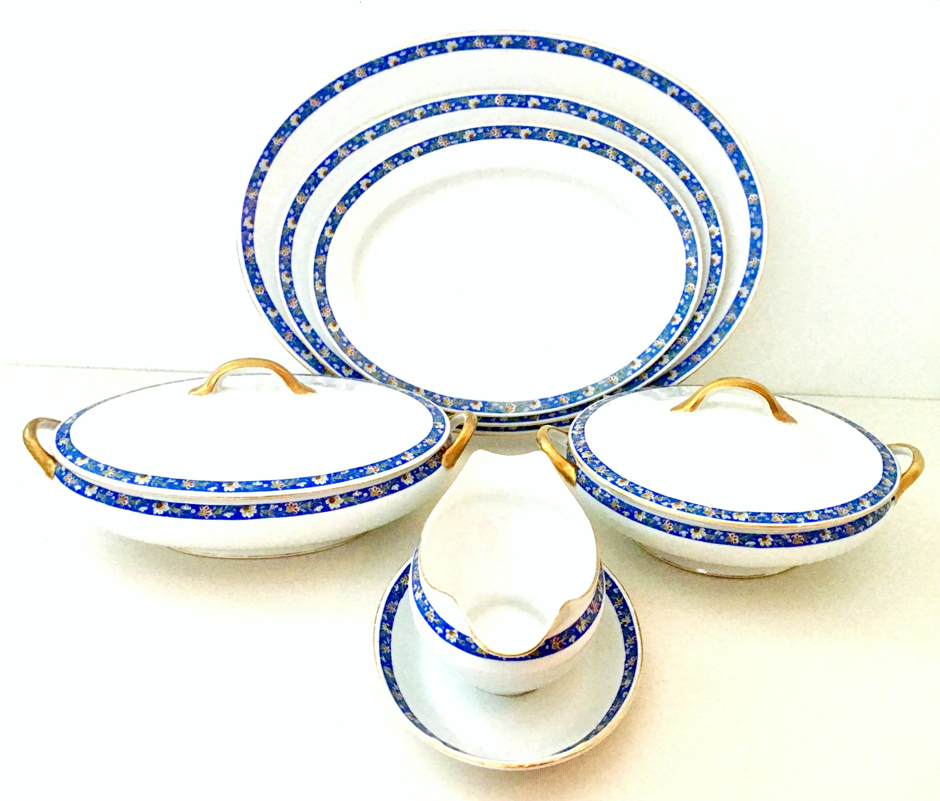 1930'S Japanese hand-painted porcelain blue & white serving piece set by, Morimura Brother-Noritake Set Of Eight Pieces.. the Brentwood pattern features  a bright white ground with a vivid blue, yellow, green and red floral motif edge and 22-karat