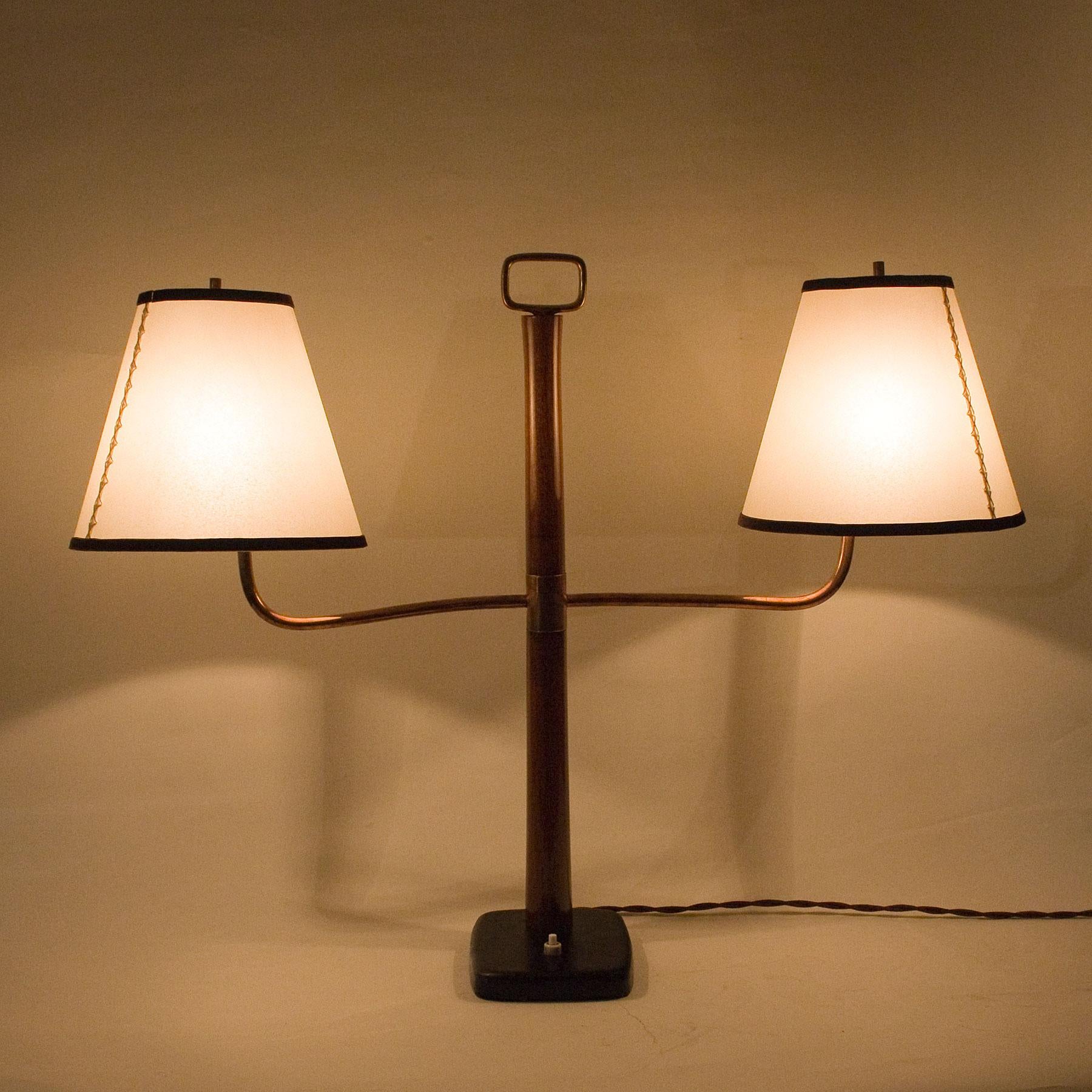 1930s Art Deco Library Table Lamp, Mahogany, Steel, Leather, Parchment, Italy 5
