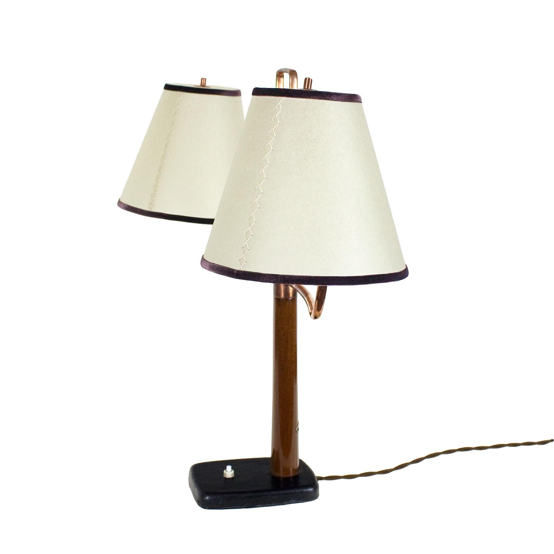 French 1930s Art Deco Library Table Lamp, Mahogany, Steel, Leather, Parchment, Italy