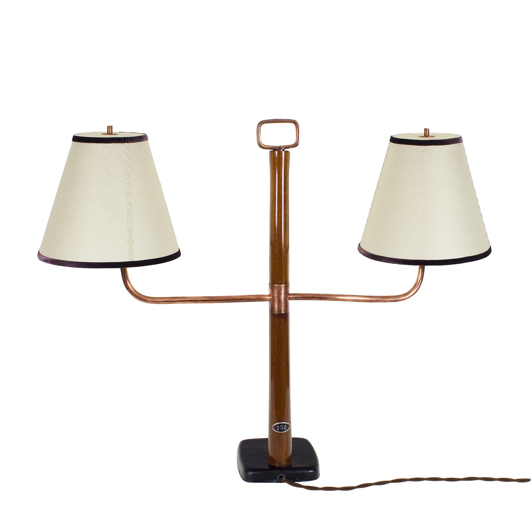 1930s Art Deco Library Table Lamp, Mahogany, Steel, Leather, Parchment, Italy (Französisch)