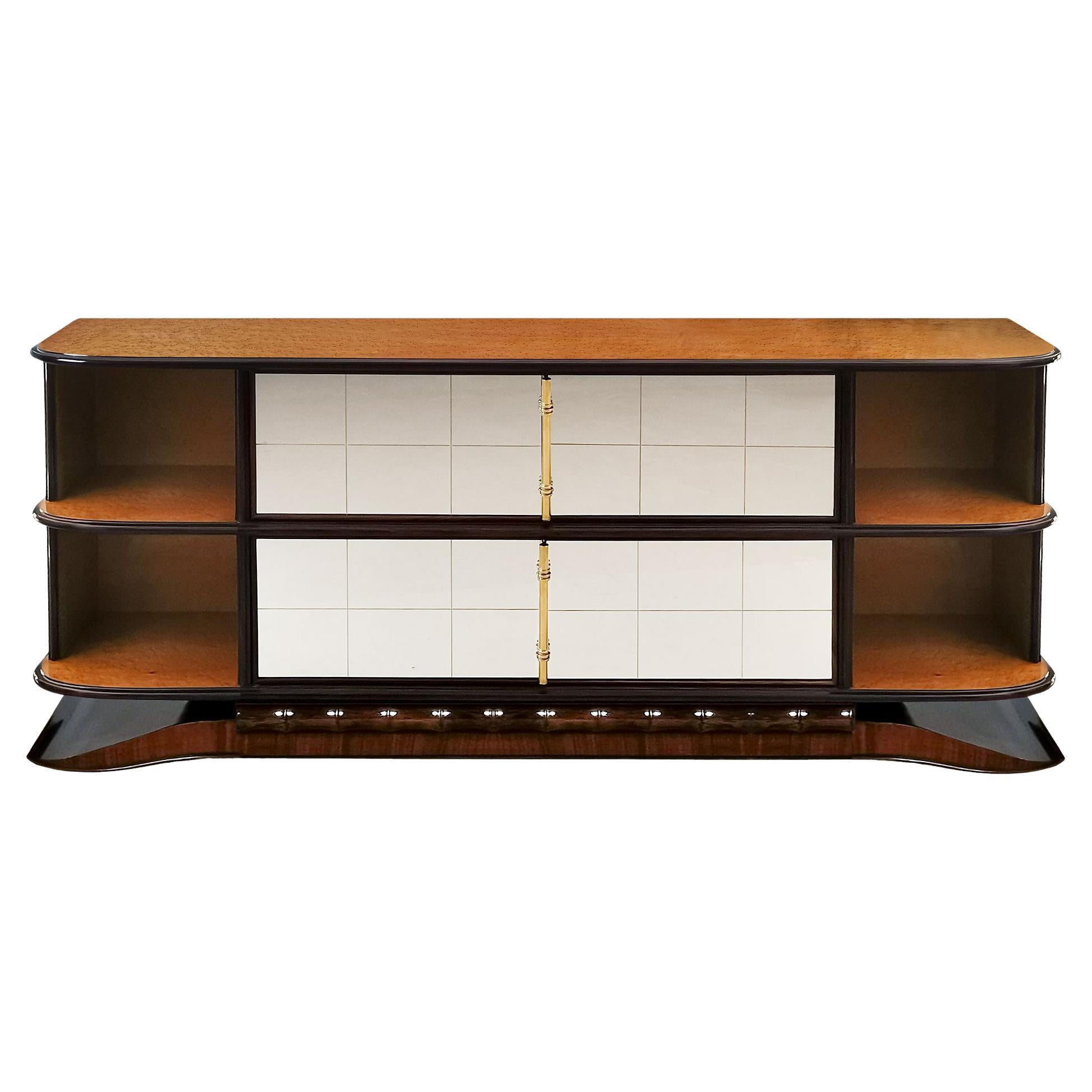 1930's Art Deco Sideboard, Birdseye Maple, Mahogany, Mirrors and Brass - Italy For Sale
