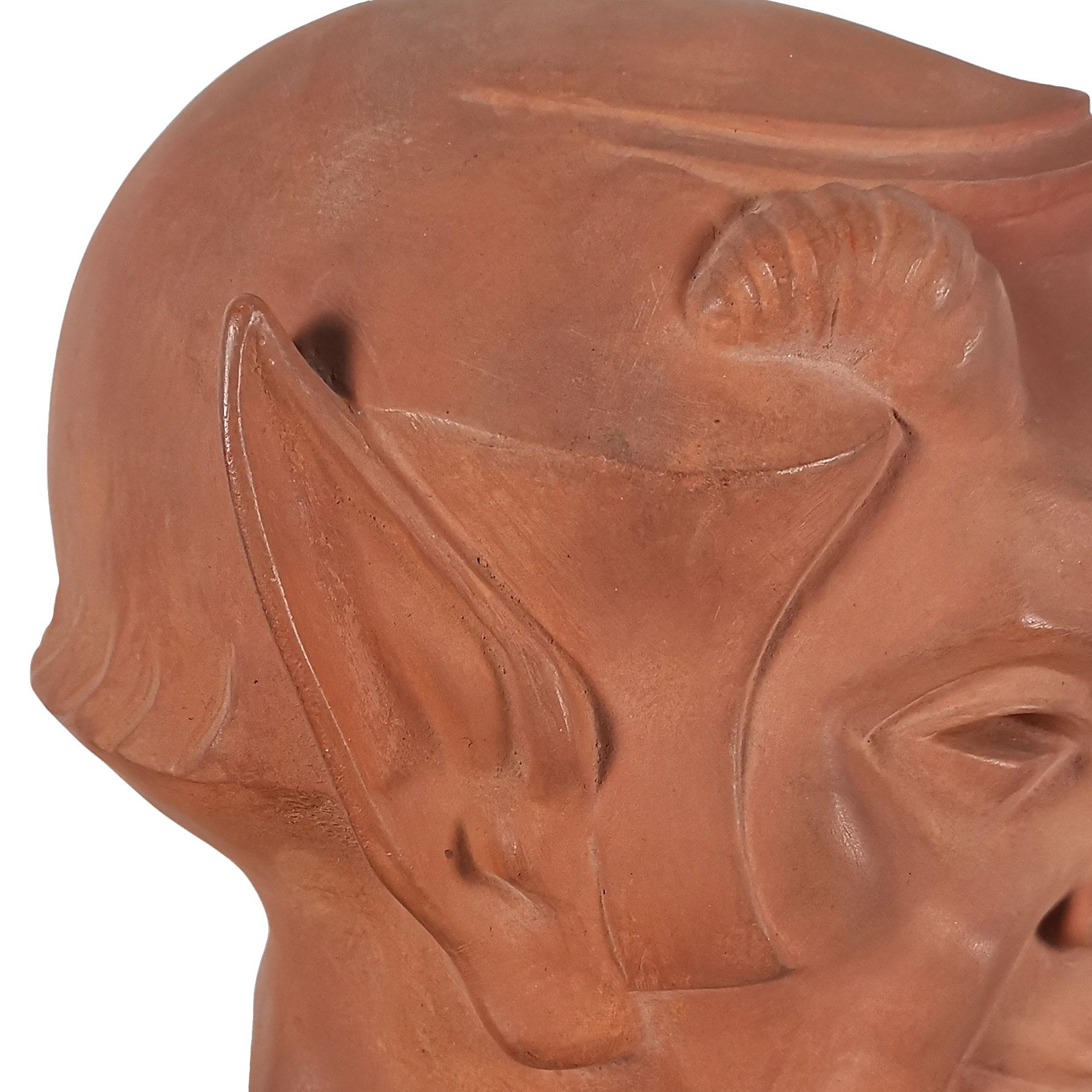1930s Art Deco Stylized Faun's Head in Terracotta With Marble Base - France For Sale 7