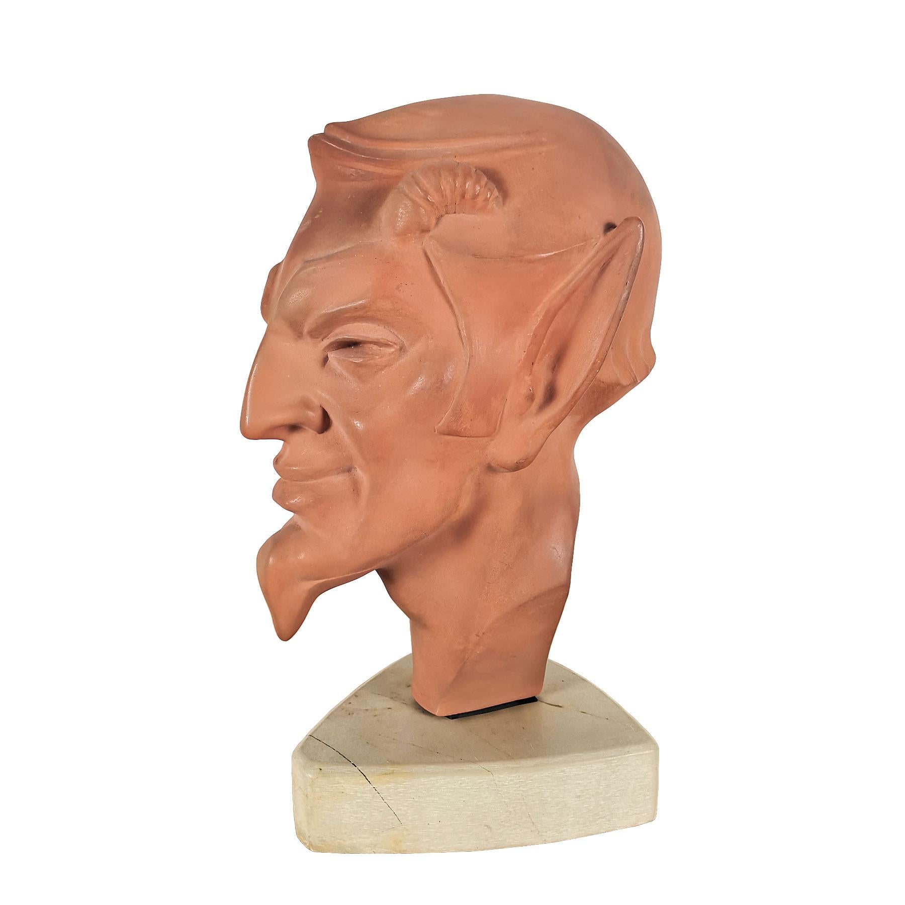 French 1930s Art Deco Stylized Faun's Head in Terracotta With Marble Base - France For Sale