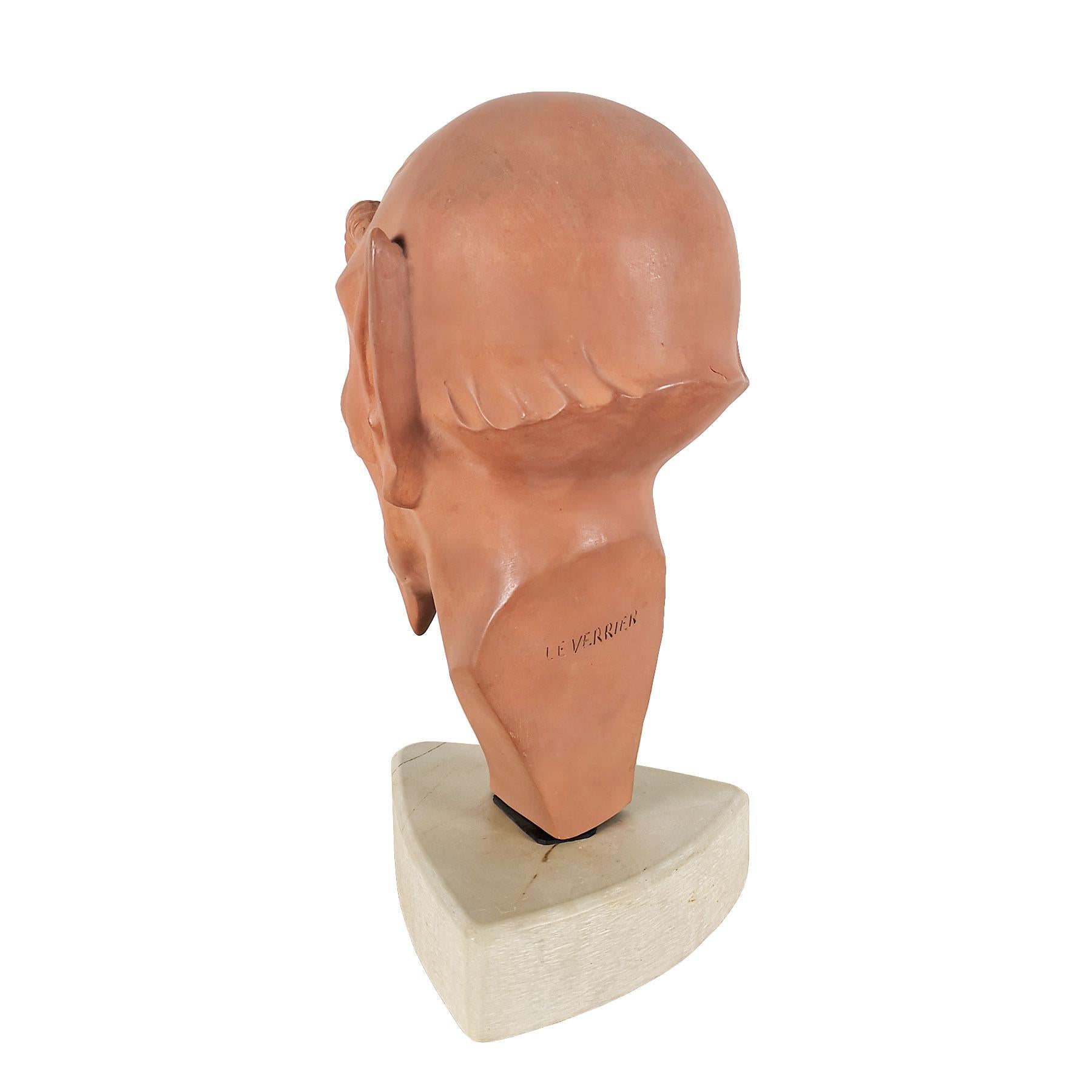 1930s Art Deco Stylized Faun's Head in Terracotta With Marble Base - France In Good Condition For Sale In Girona, ES