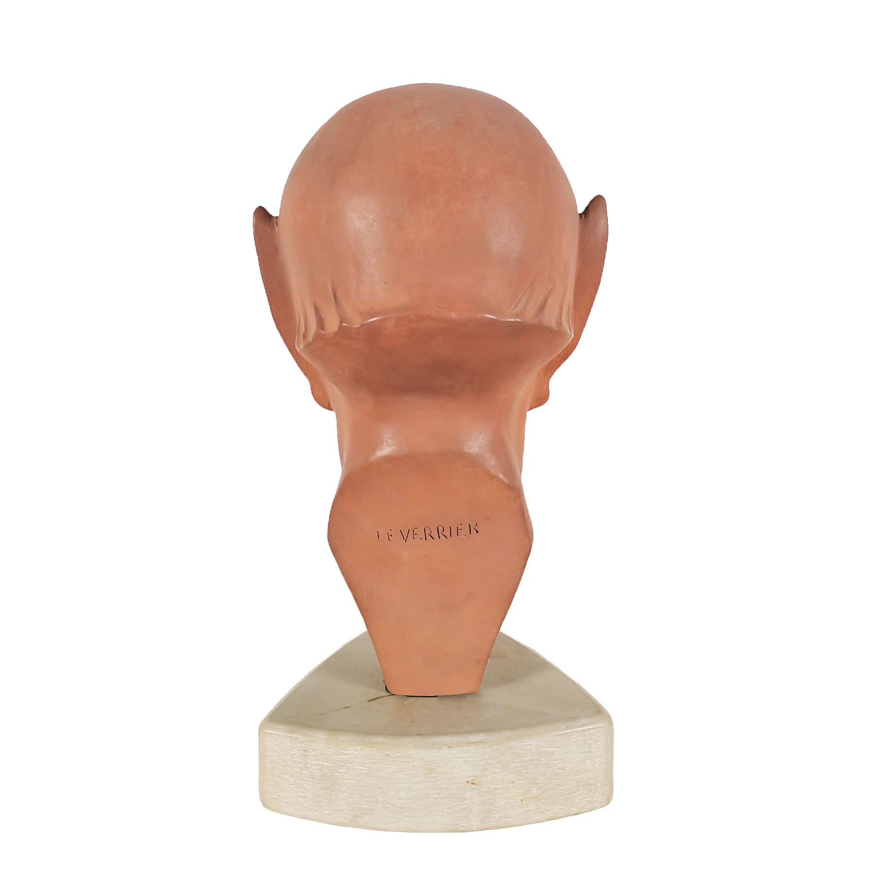 Mid-20th Century 1930s Art Deco Stylized Faun's Head in Terracotta With Marble Base - France For Sale