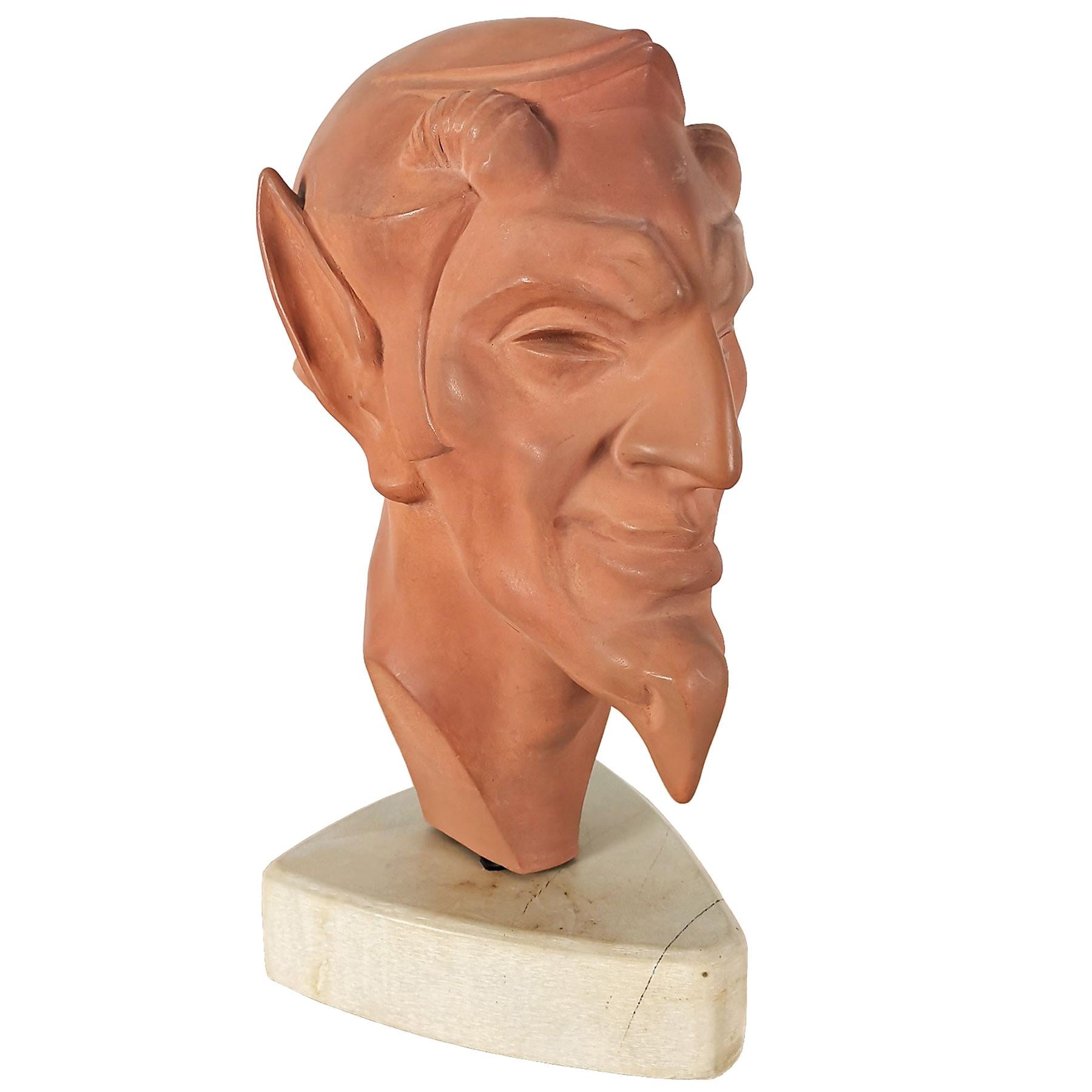 1930s Art Deco Stylized Faun's Head in Terracotta With Marble Base - France
