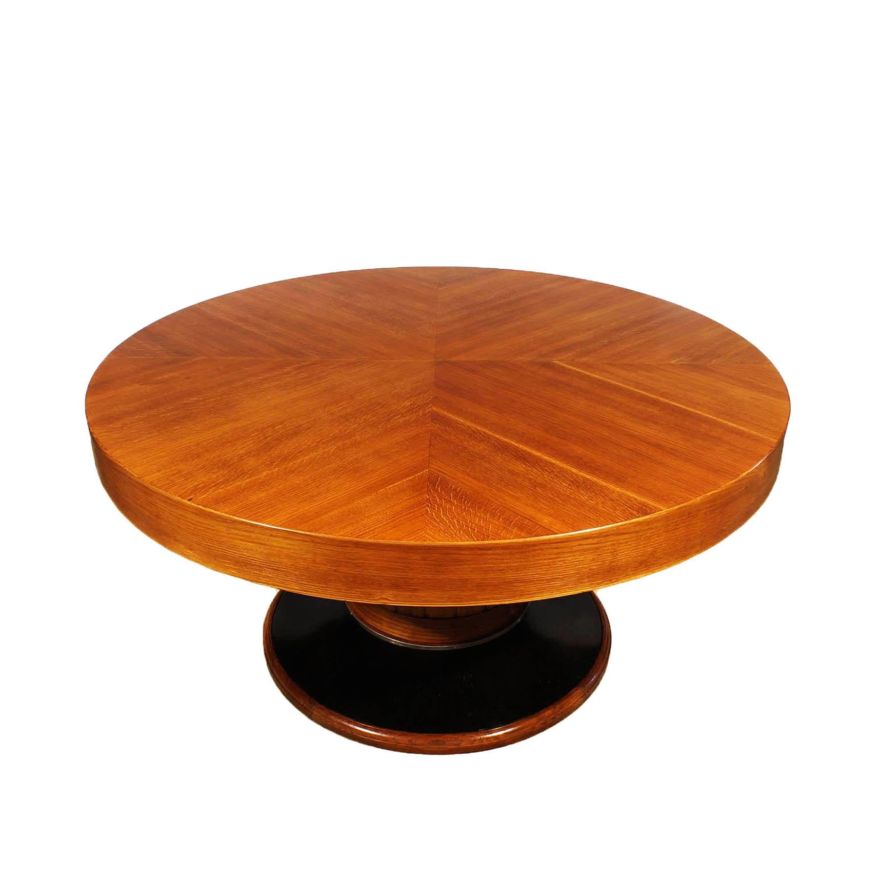 Espagnol Grande table ronde Art déco des années 1930, chêne et placage, anneau en laiton - Barcelone, Espagne en vente