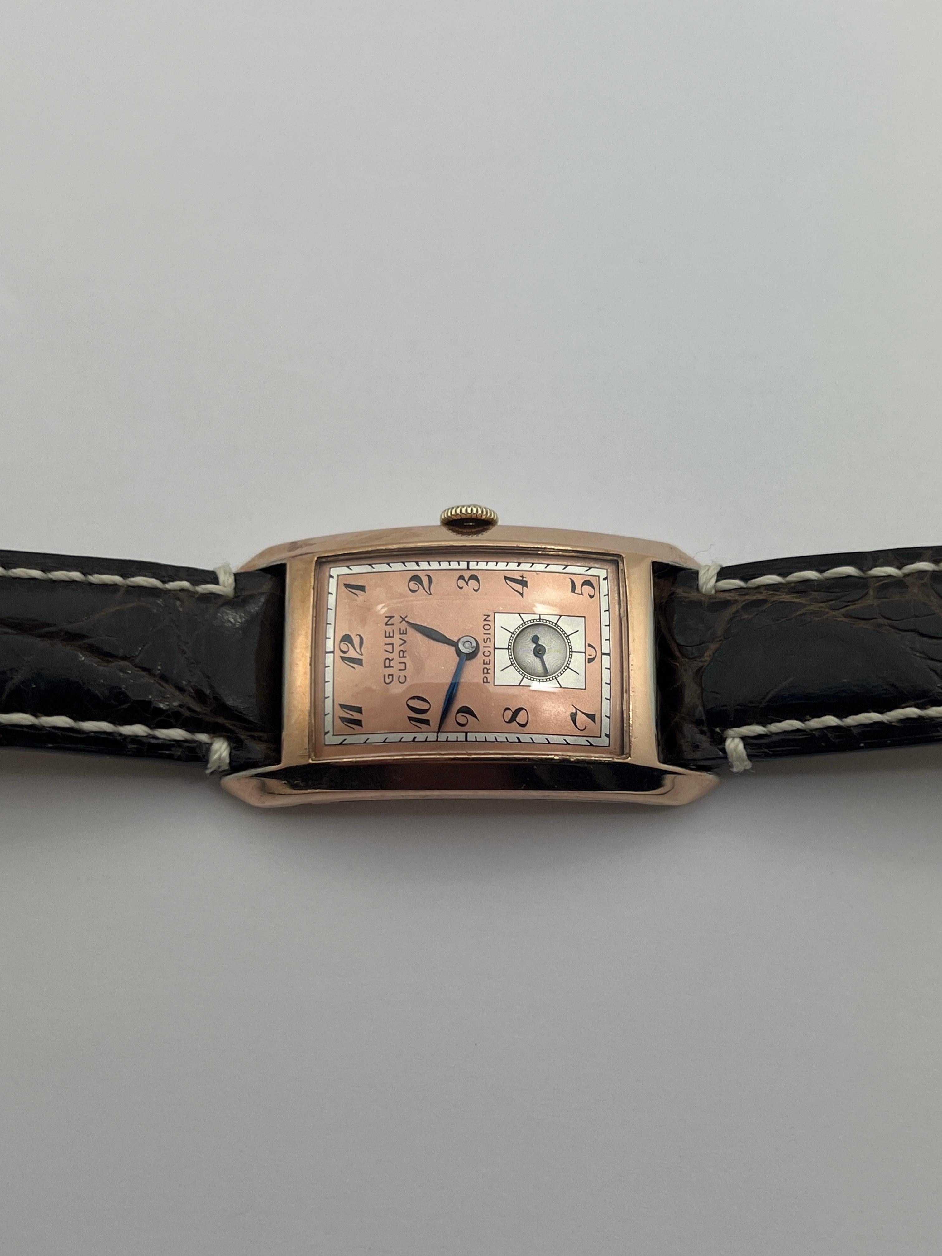 I have another treasure for your consideration. It is one of the first Gruen Curvex models introduced in the mid 1930’s. Let me introduce you ti the Gruen Curvex, look at the sublime curvature that hugs the wrist. 

Technical Note:  Notes
Gruen