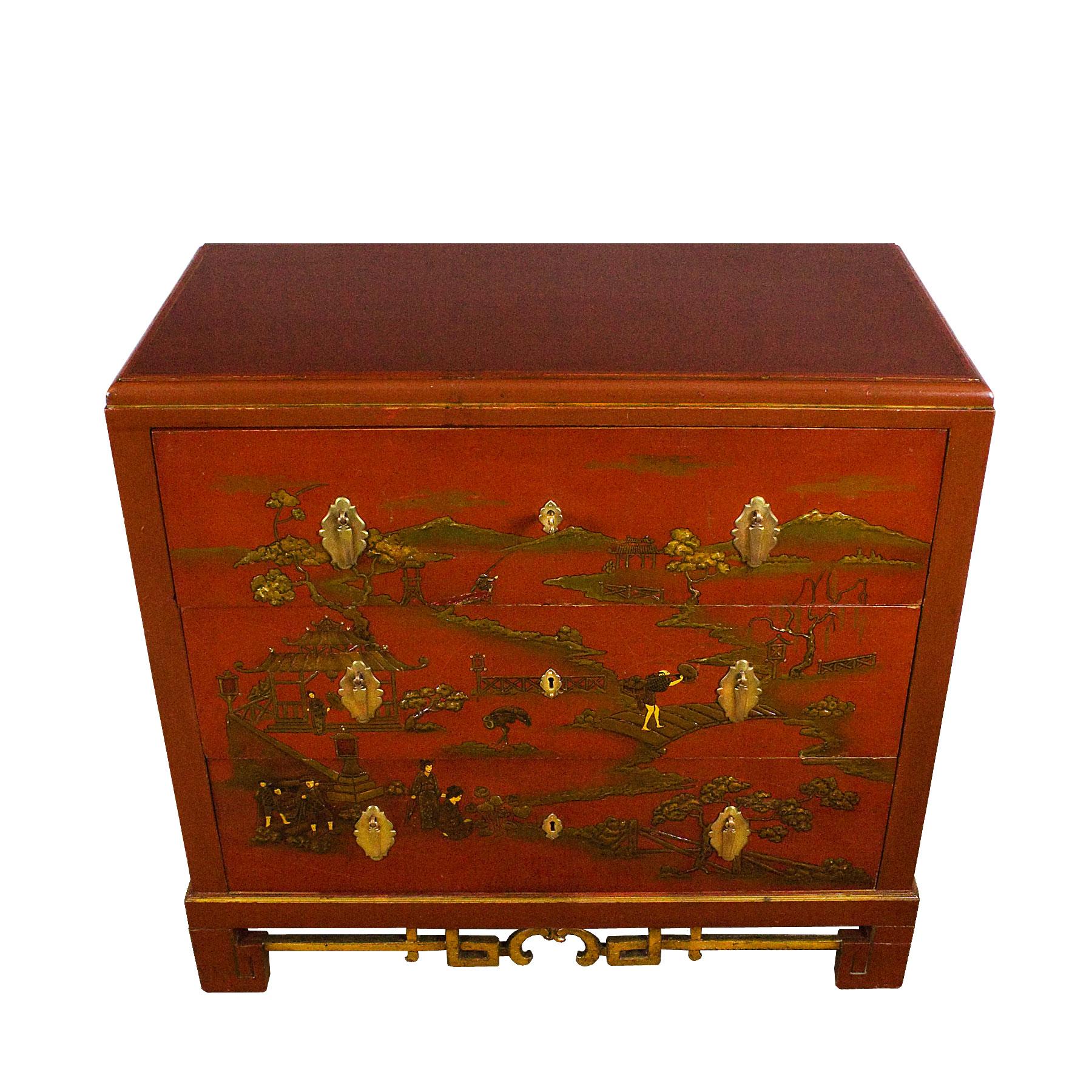Japonisme 1930s Japanese Inspired Chest of Drawers Secrétaire, Red Lacquered, France