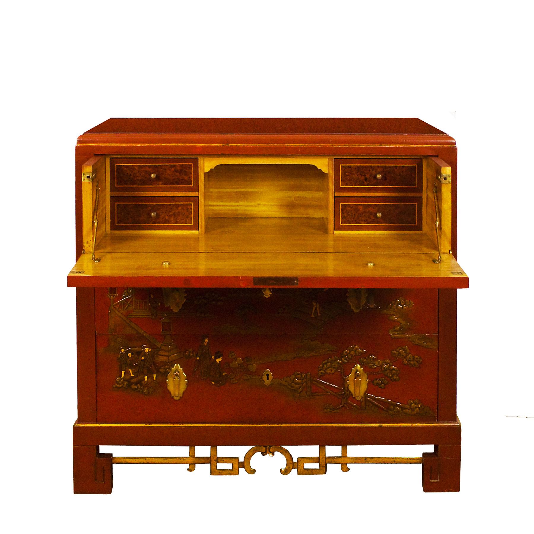 French 1930s Japanese Inspired Chest of Drawers Secrétaire, Red Lacquered, France