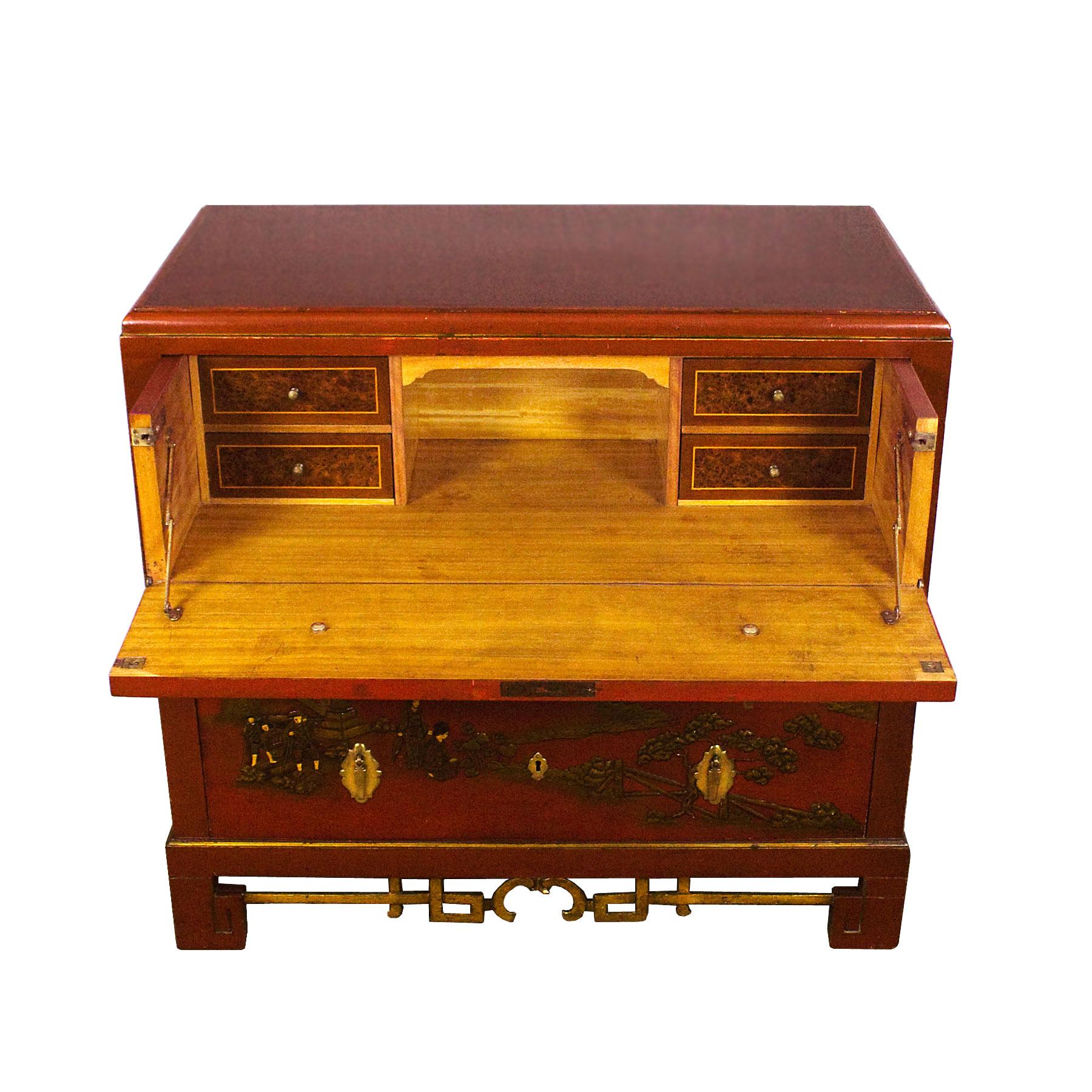 Mid-20th Century 1930s Japanese Inspired Chest of Drawers Secrétaire, Red Lacquered, France