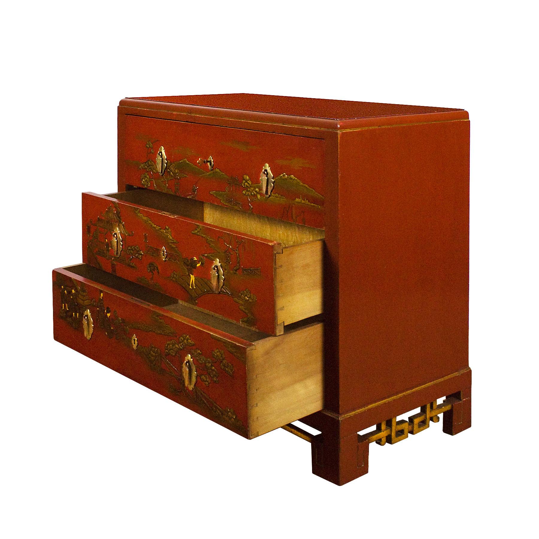 Brass 1930s Japanese Inspired Chest of Drawers Secrétaire, Red Lacquered, France