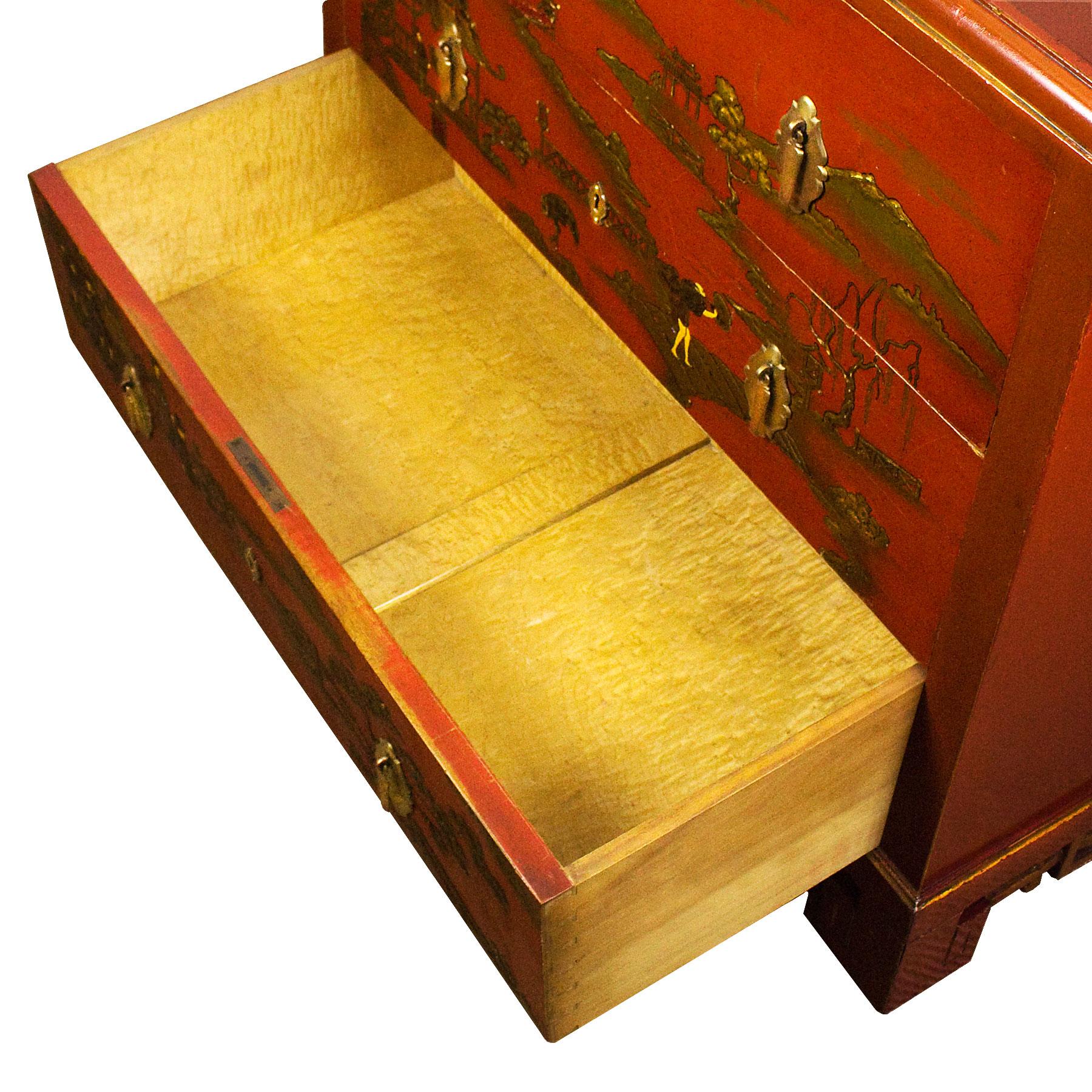 1930s Japanese Inspired Chest of Drawers Secrétaire, Red Lacquered, France 1