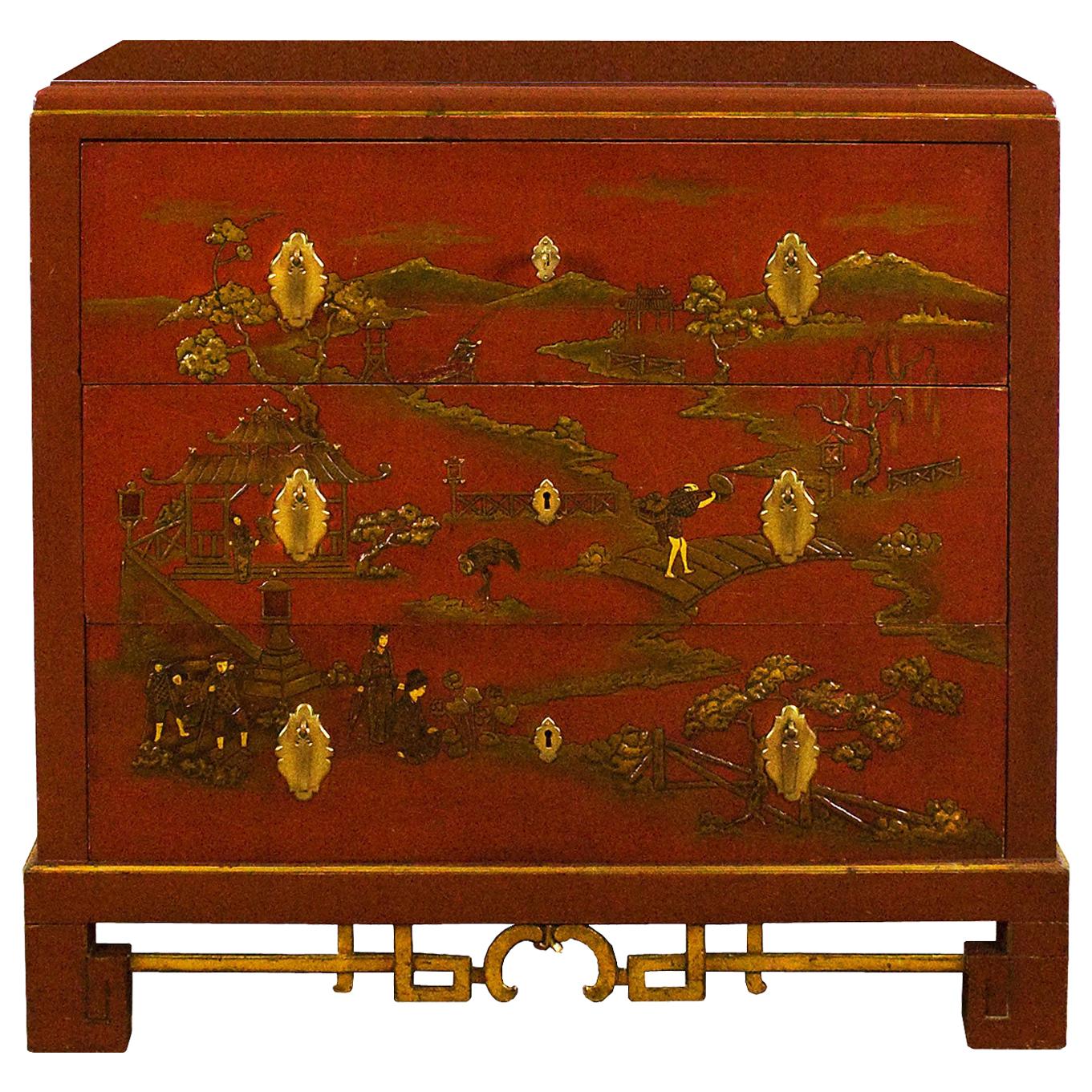 1930s Japanese Inspired Chest of Drawers Secrétaire, Red Lacquered, France