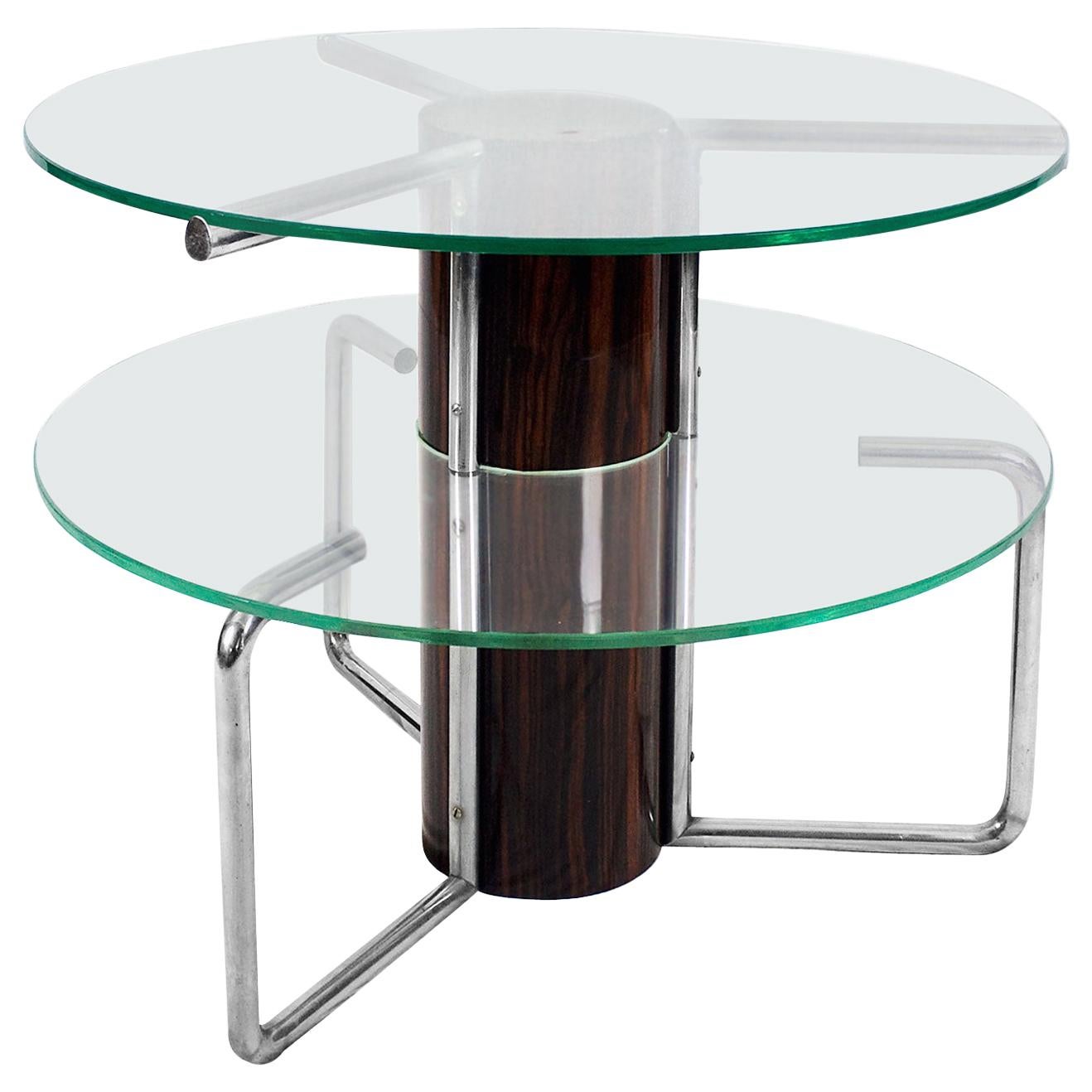 Large Art DecoCenter Table, Macassar Ebony, Chromed Plated Tubes, Glasses- Italy For Sale