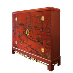 1930s Large Wardrobe, Red Lacquered, Chinoiserie Relief Stucco, Maple, France