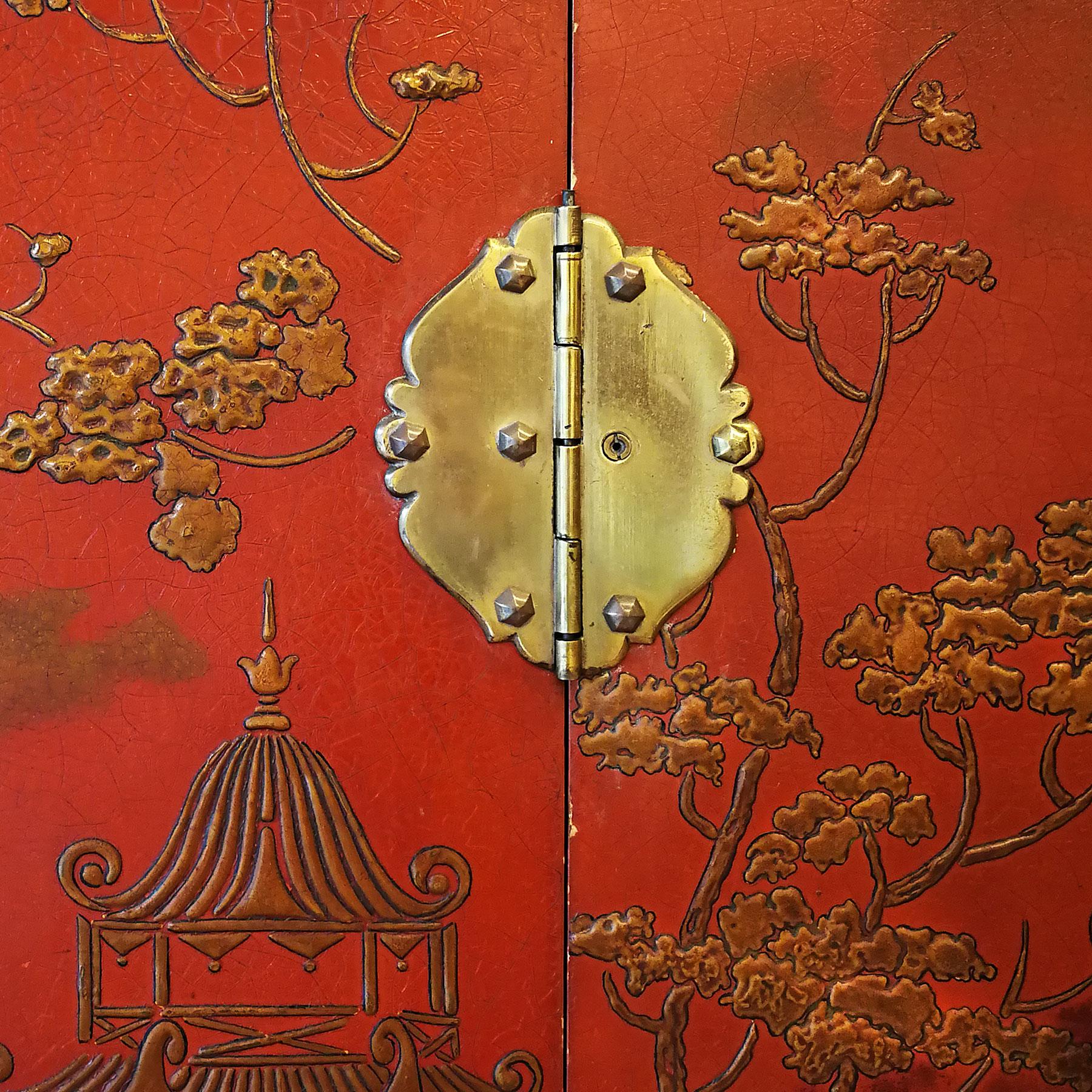 French 1930s Large Wardrobe, Red Lacquered, Chinoiserie Relief Stucco, Maple, France