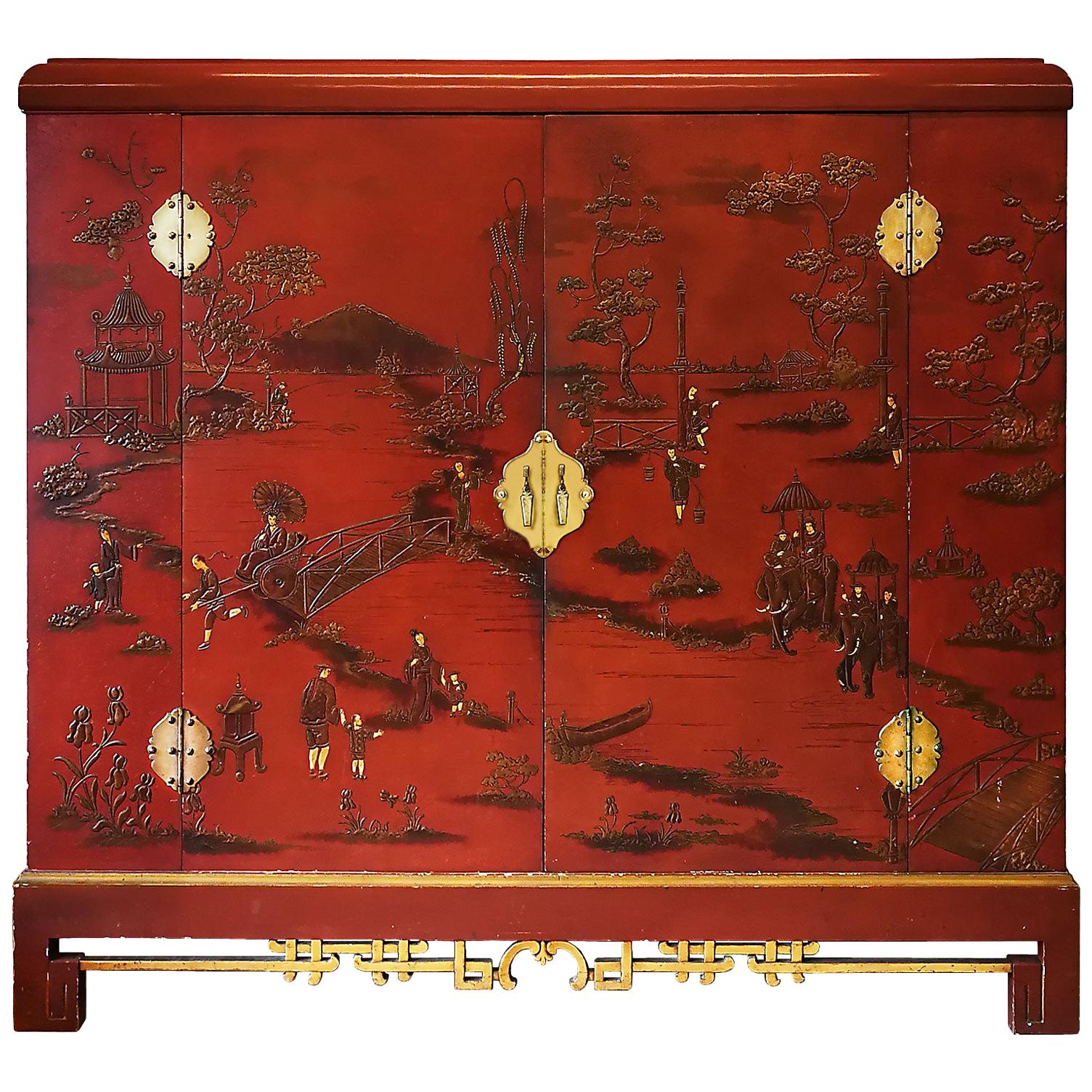 1930s Large Wardrobe, Red Lacquered, Chinoiserie Relief Stucco, Maple, France