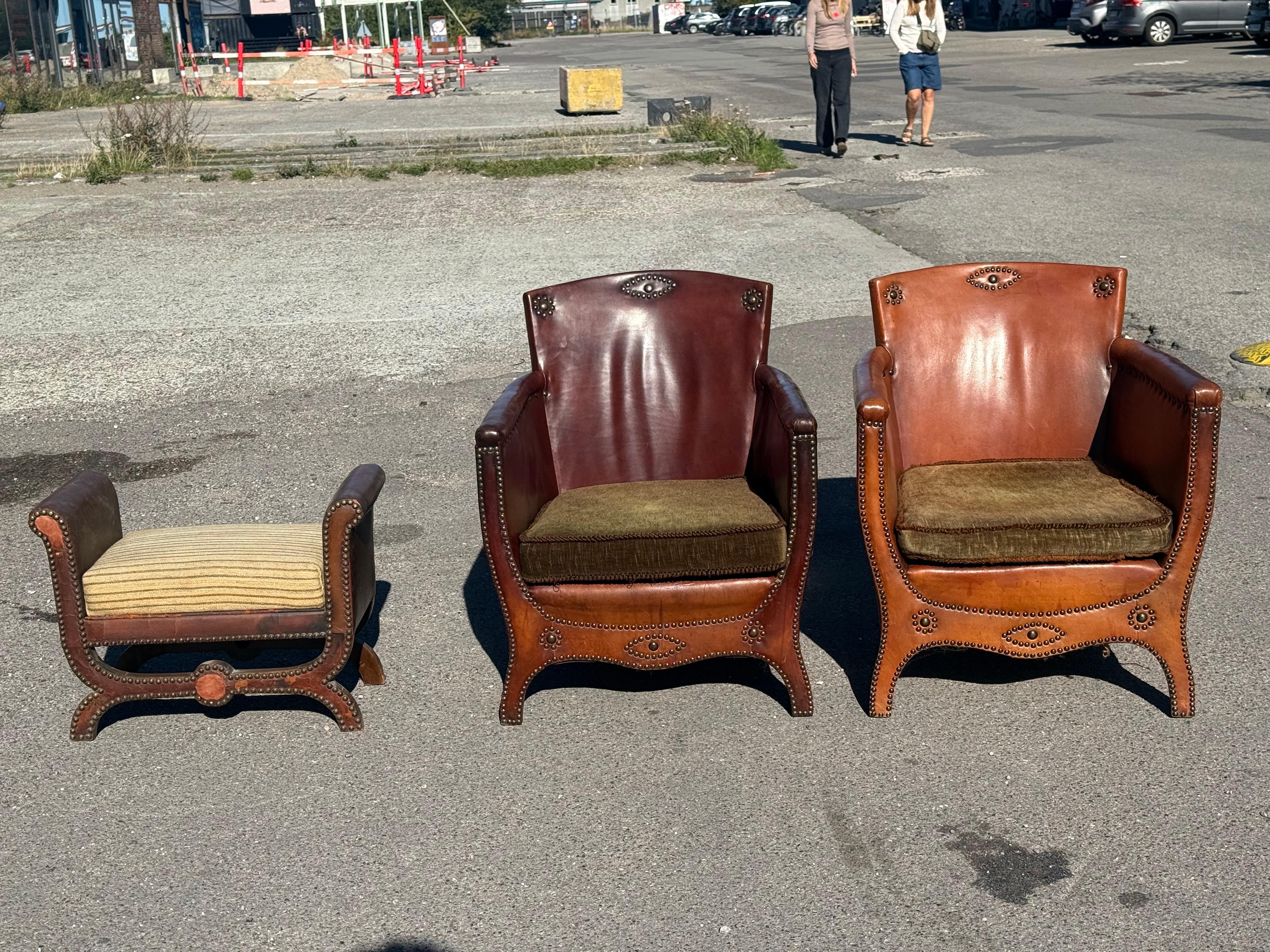 Rare ensemble de fauteuils club en cuir Otto Schultz, de style art déco suédois, en bon état général. Le cuir présente des variations de ton et de patine, avec parfois des éraflures, des rayures et des plis mineurs.