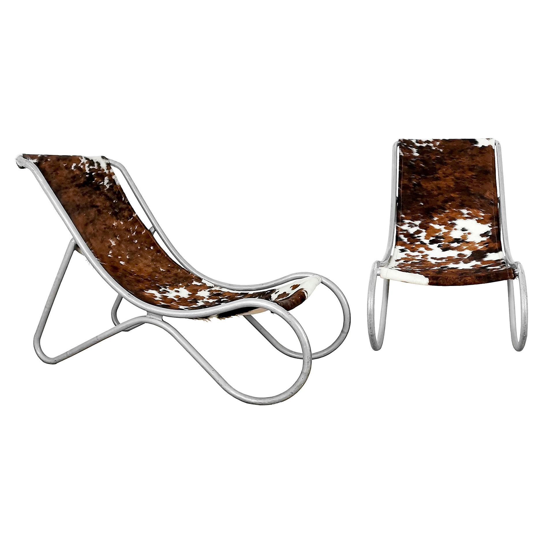 1930´S Pair of Art Deco Deck Chairs in Aluminum and Leather - Italy