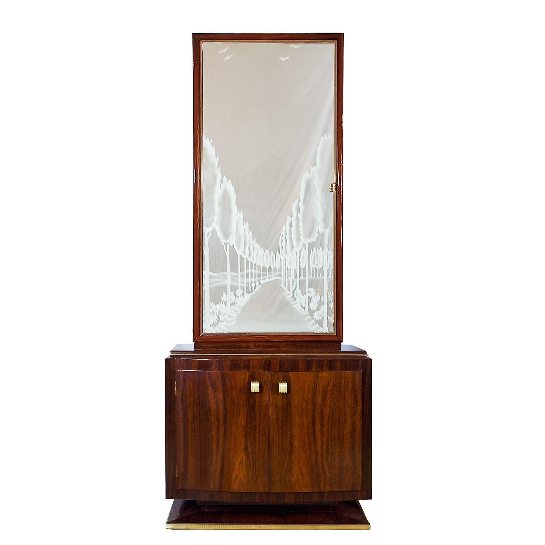 Italian 1930s Pair of Art Deco Two Blocks Cabinets, Mahogany, Etched Mirrors, Italy