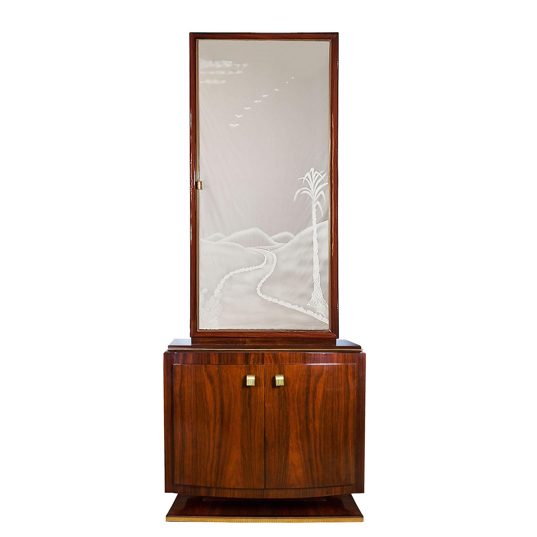 1930s Pair of Art Deco Two Blocks Cabinets, Mahogany, Etched Mirrors, Italy In Good Condition In Girona, Girona