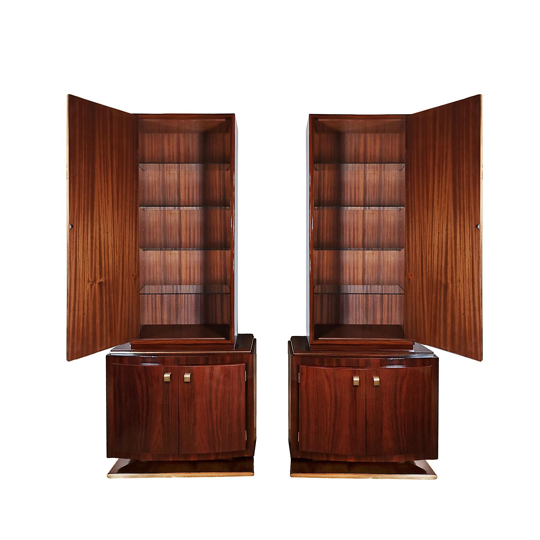 Mid-20th Century 1930s Pair of Art Deco Two Blocks Cabinets, Mahogany, Etched Mirrors, Italy