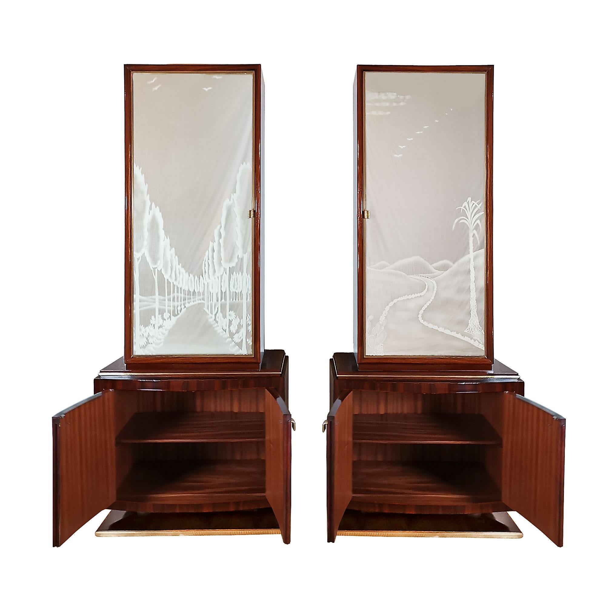 Brass 1930s Pair of Art Deco Two Blocks Cabinets, Mahogany, Etched Mirrors, Italy