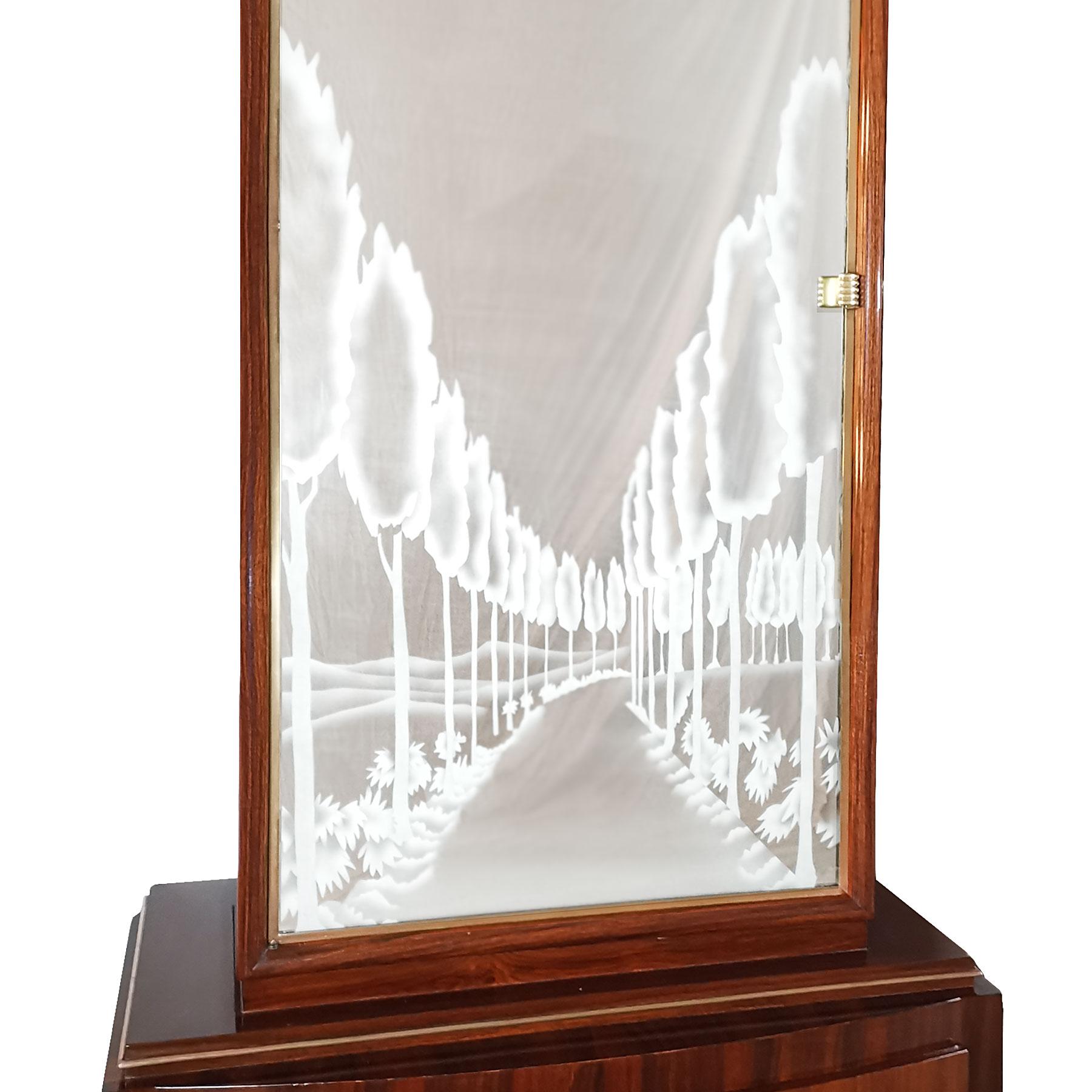 1930s Pair of Art Deco Two Blocks Cabinets, Mahogany, Etched Mirrors, Italy 1