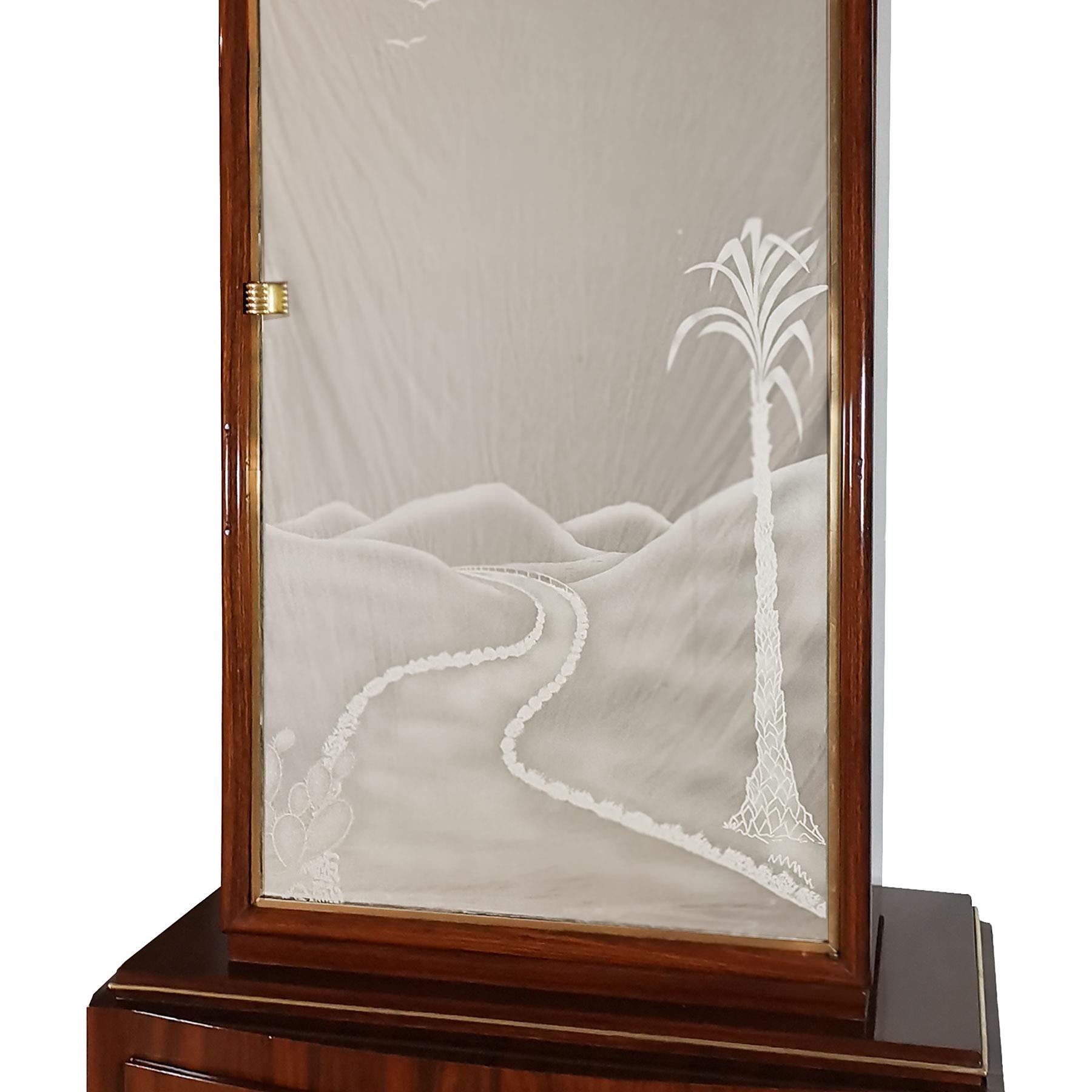 1930s Pair of Art Deco Two Blocks Cabinets, Mahogany, Etched Mirrors, Italy 2