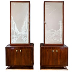 1930s Pair of Art Deco Two Blocks Cabinets, Mahogany, Etched Mirrors, Italy