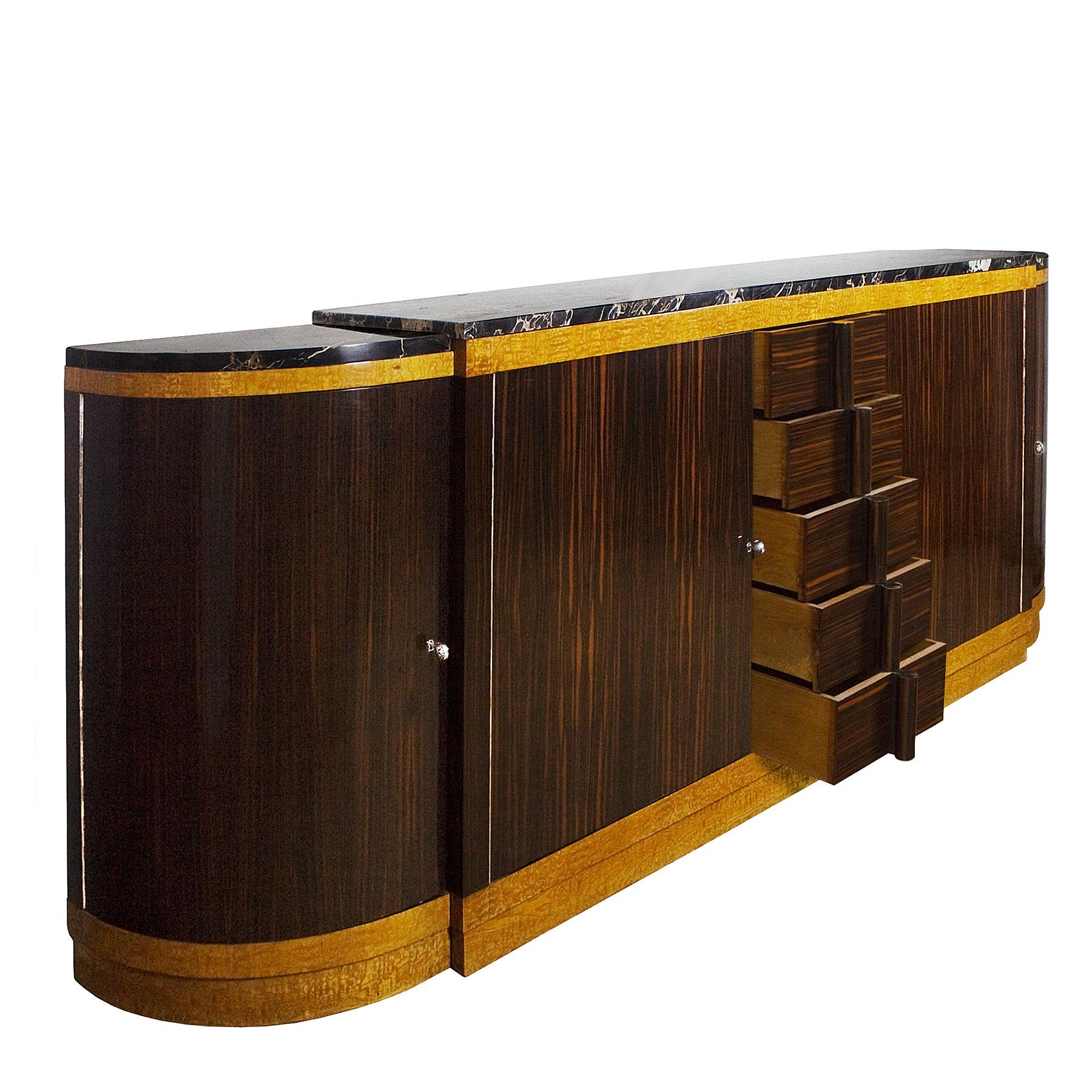 Marble Rounded Art Deco Sideboard by Jean Fauré, Macassar Ebony - France, 1930s For Sale