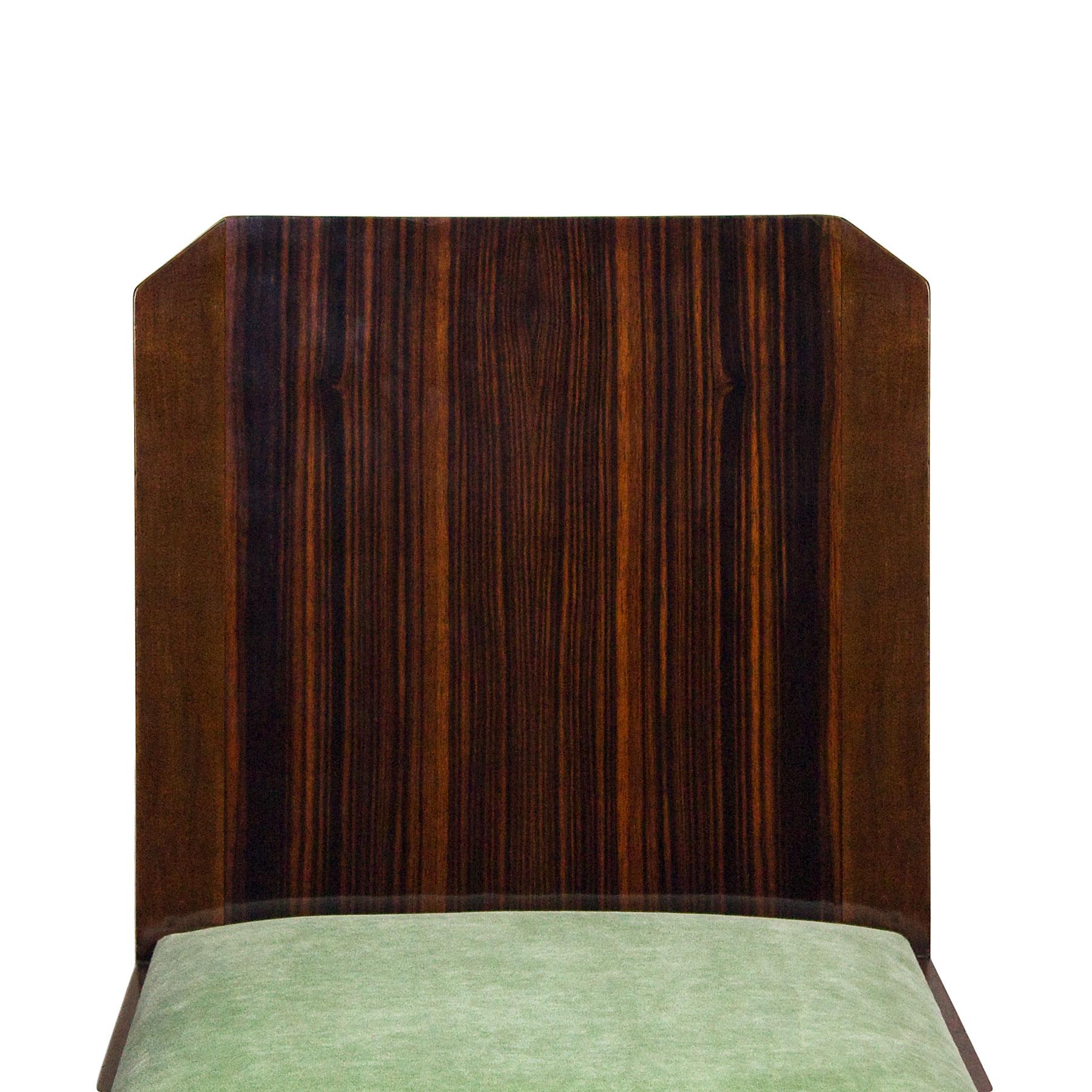Set of Six Art Deco Chairs in Walnut, Macassar Veneer and Velvet - France, 1930s In Good Condition For Sale In Girona, ES