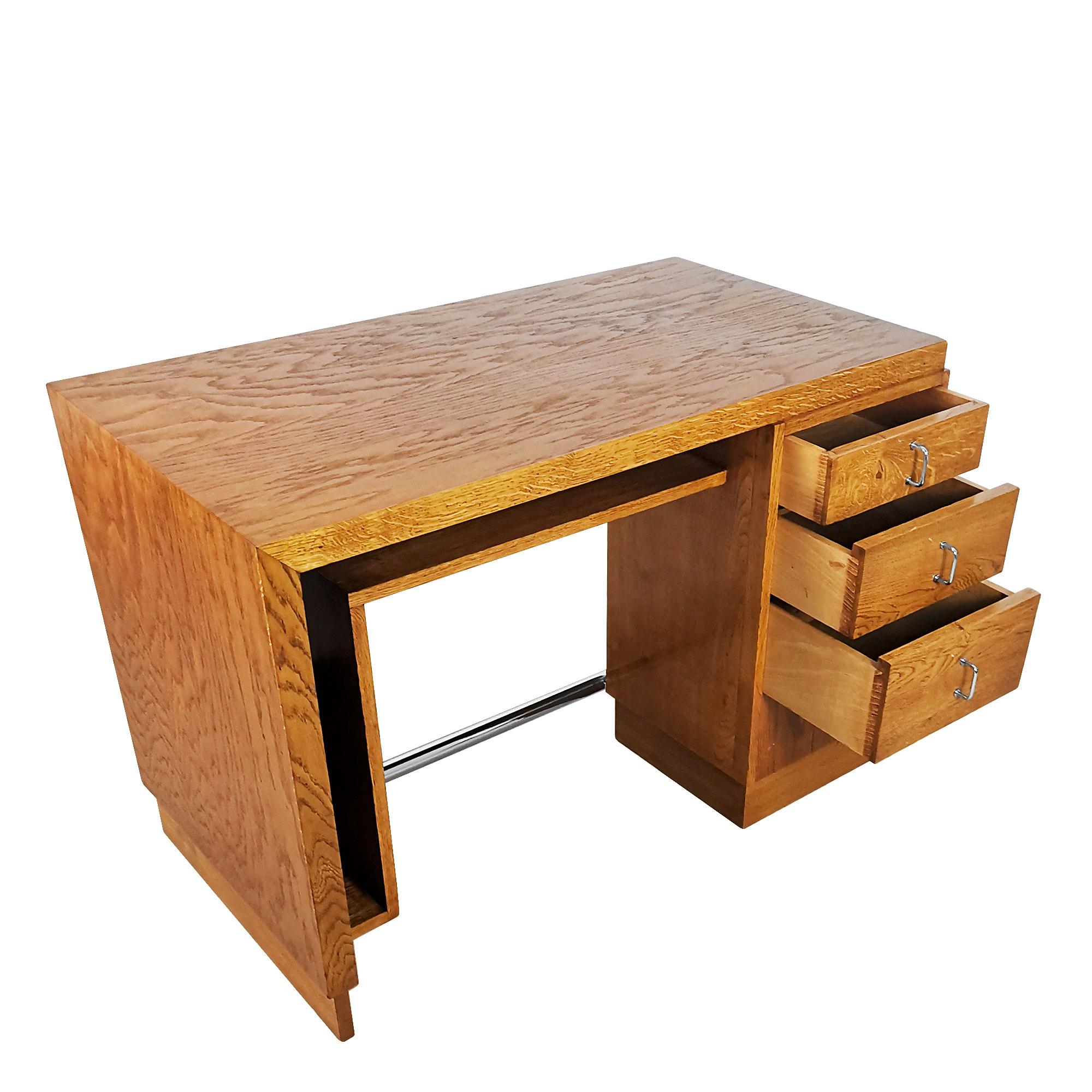 Kubistischer Art-déco-Schreibtisch aus massiver Eiche im Stil von Francisque Chaleyssin, Frankreich (Stahl) im Angebot