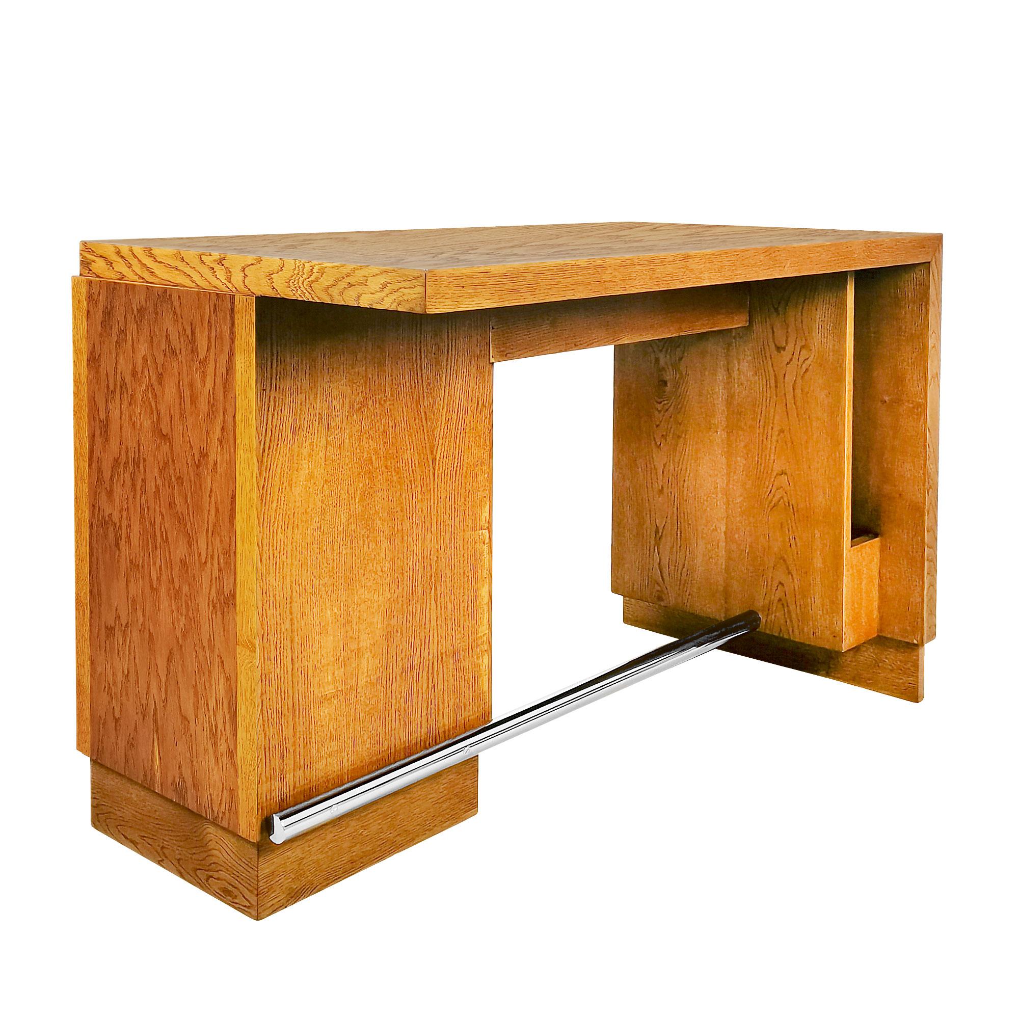 French Small Art Deco Cubist Desk in Solid Oak The Style Francisque Chaleyssin- France For Sale