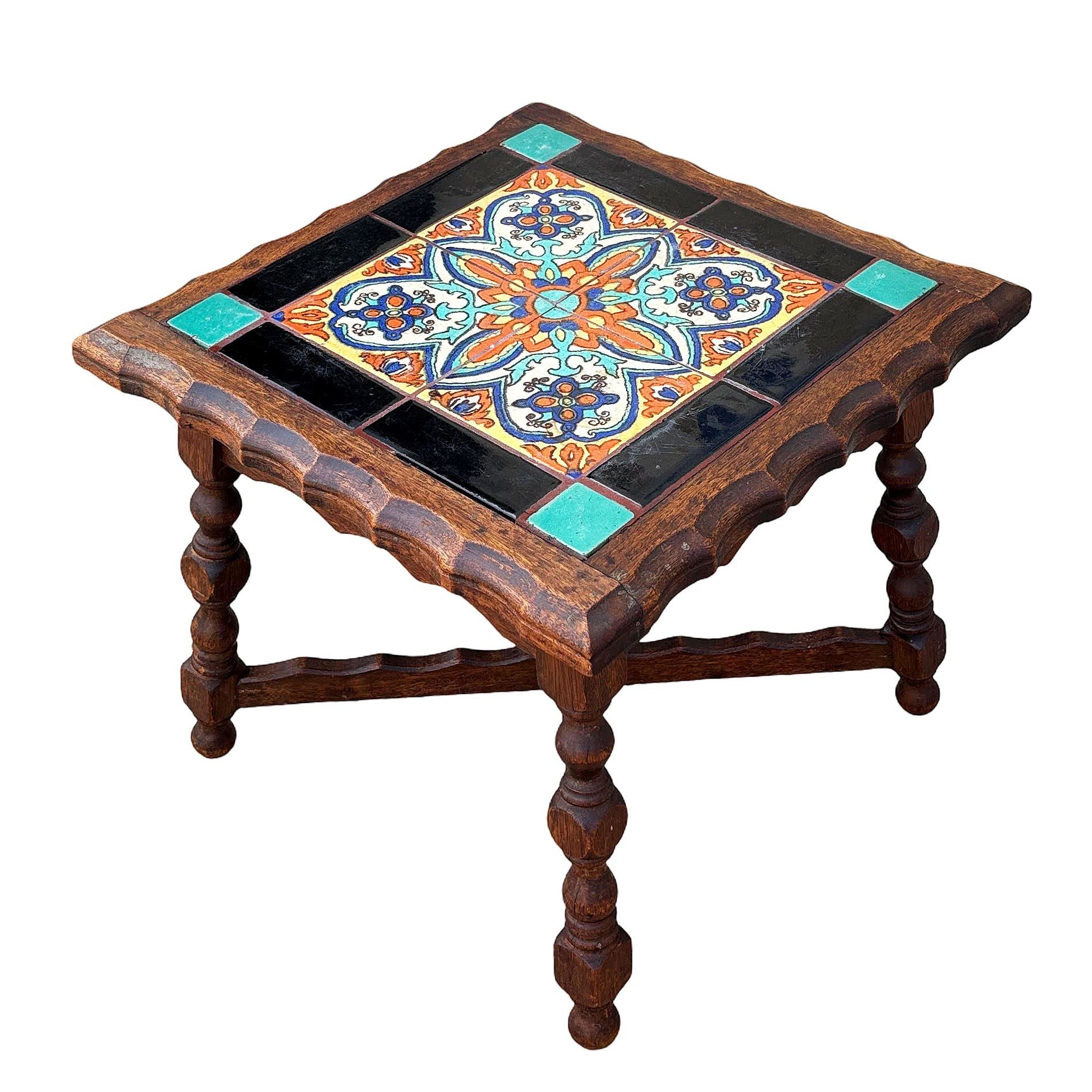 1930 Spanish Style Sculpted Dark Stained Mahogany Side Table w/ Taylor Tile-Top